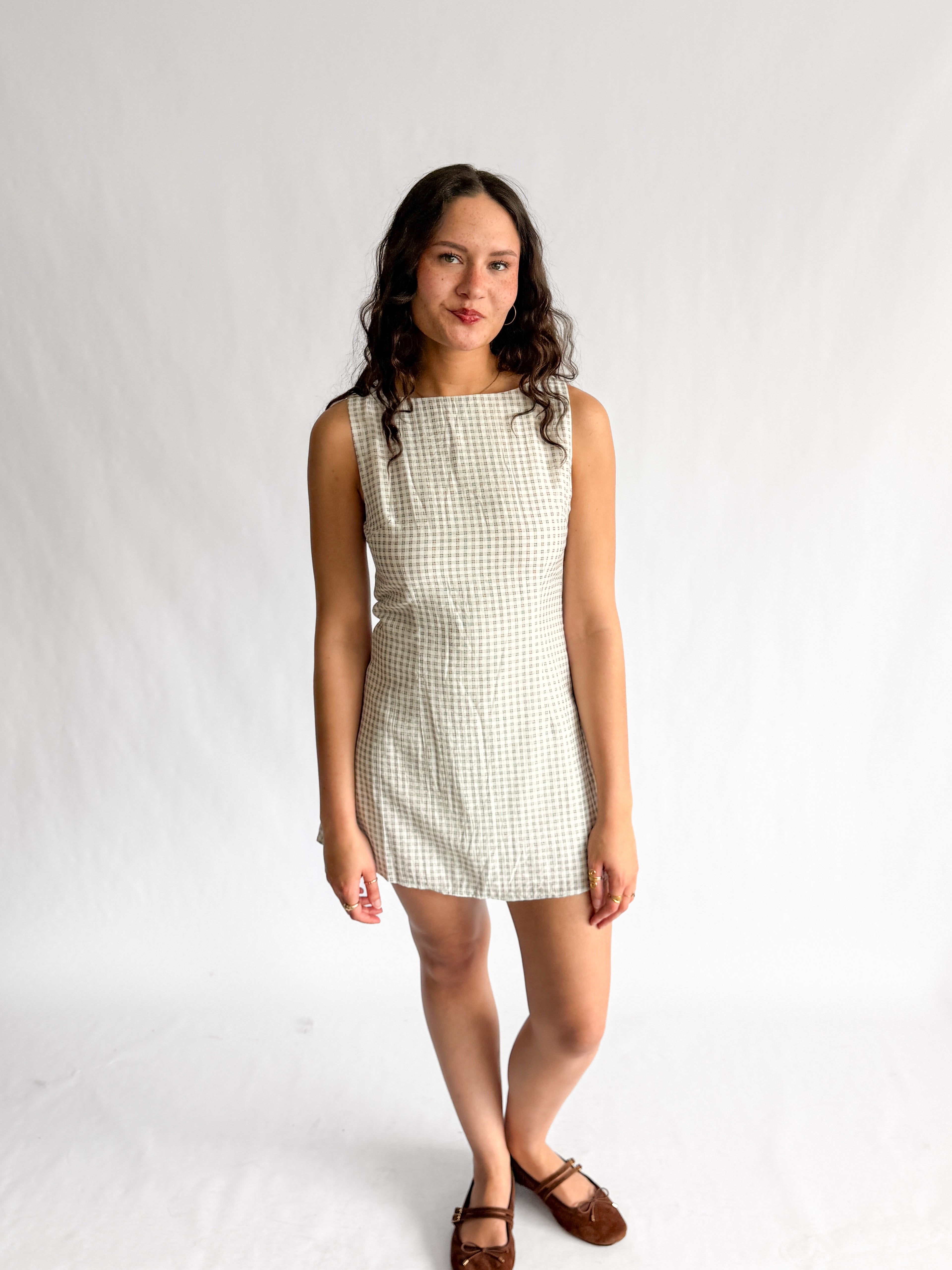 Teddy Grid Patterned Boat Neck Tank Mini Dress (Grey)