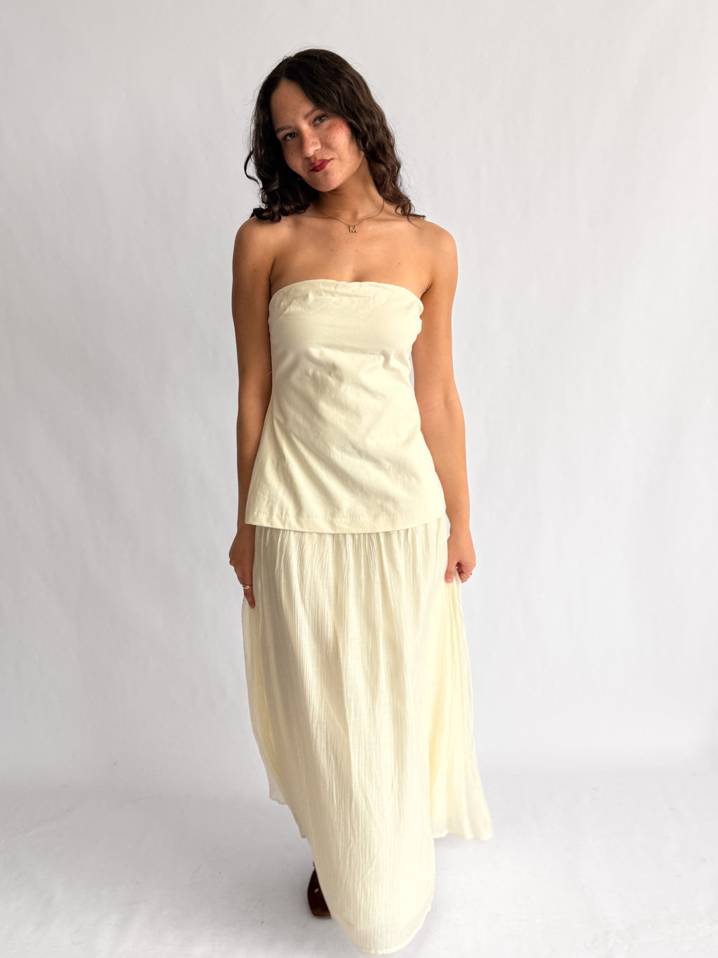 Talia Cream Strapless Mixed Media Midi Dress