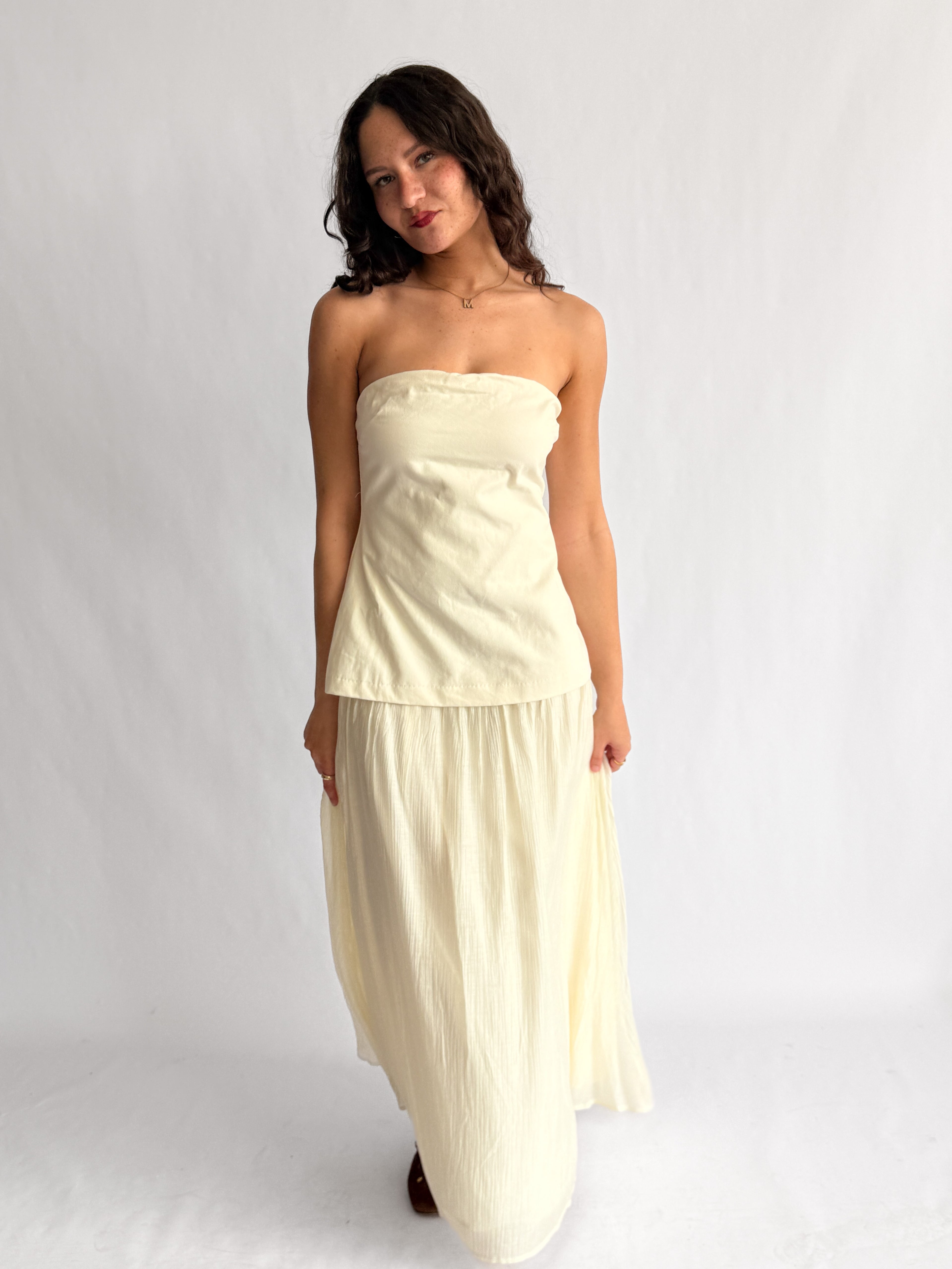 Talia Cream Strapless Mixed Media Midi Dress