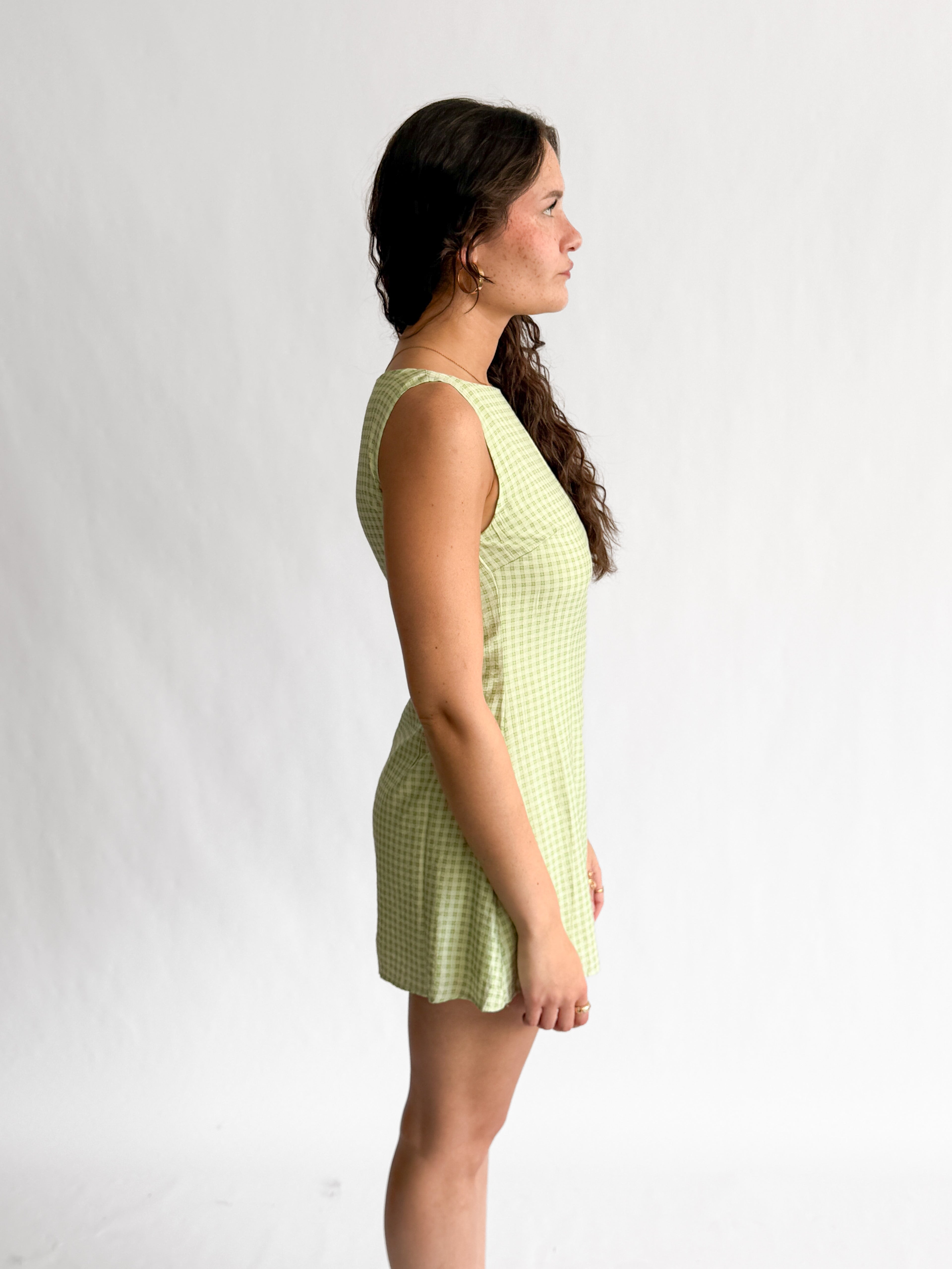 Teddy Grid Patterned Boat Neck Tank Mini Dress (Green)