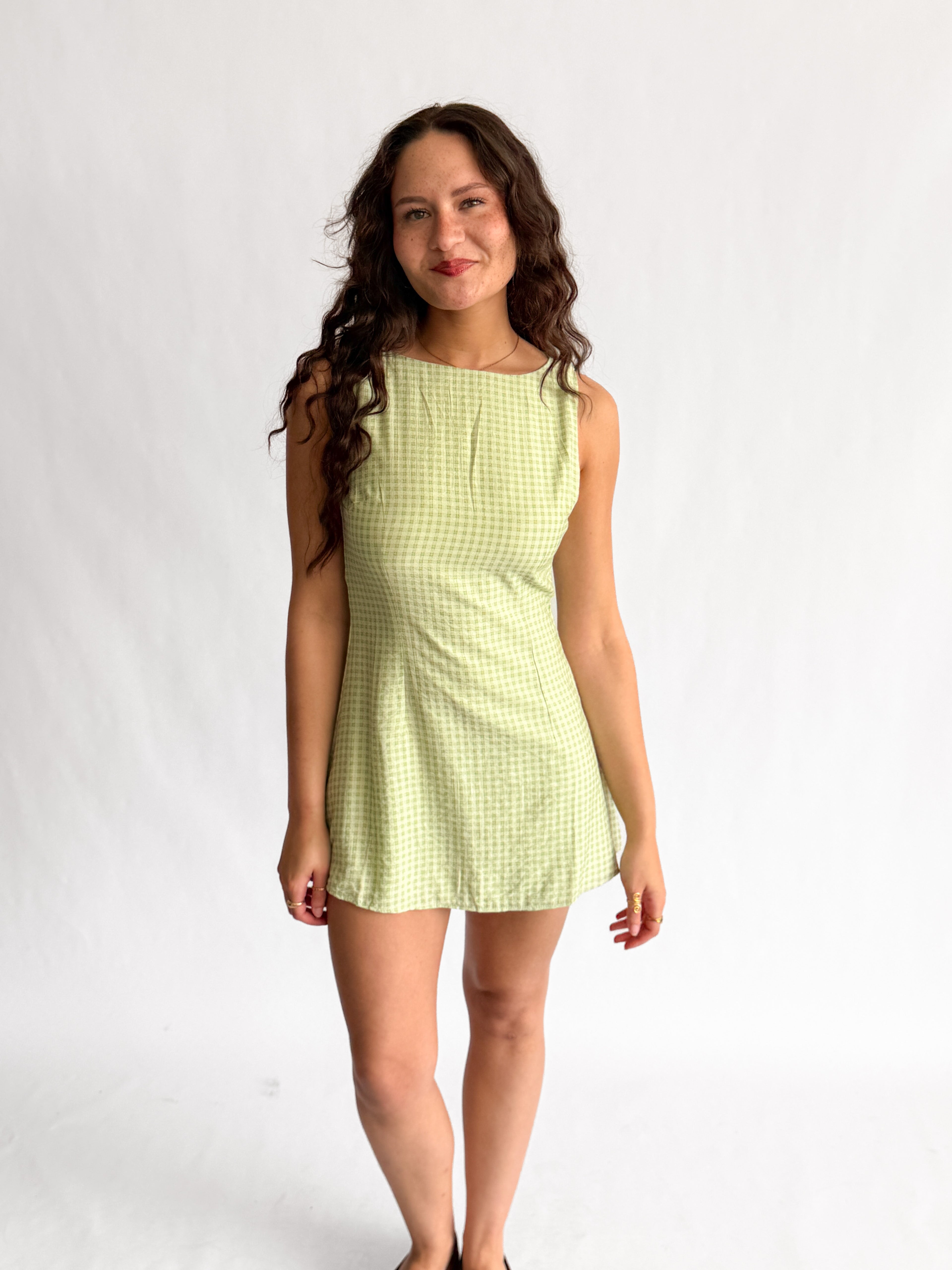 Teddy Grid Patterned Boat Neck Tank Mini Dress (Green)