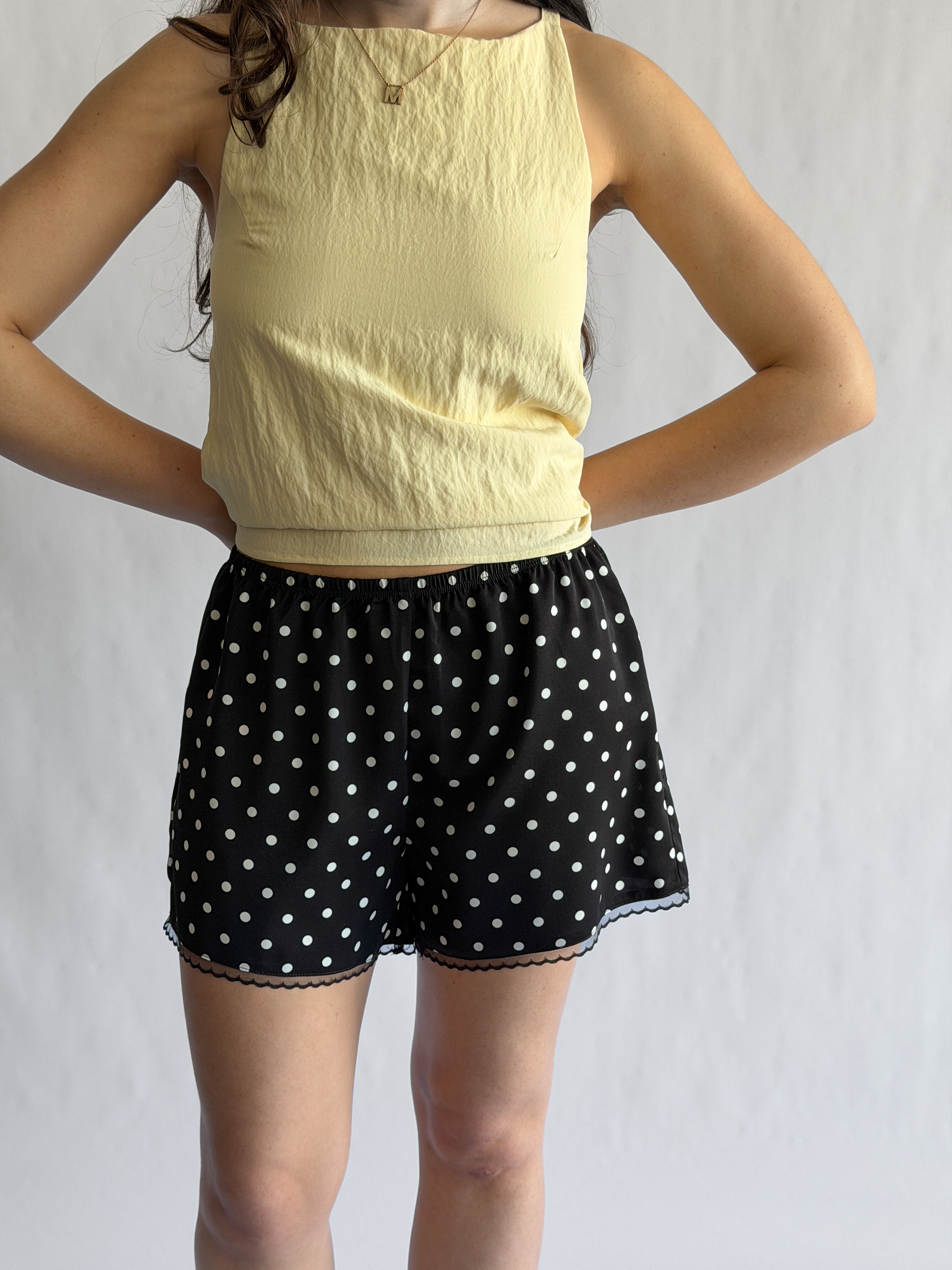 Things Between Jayce Black Polka Dot Lace Trim Satin Shorts