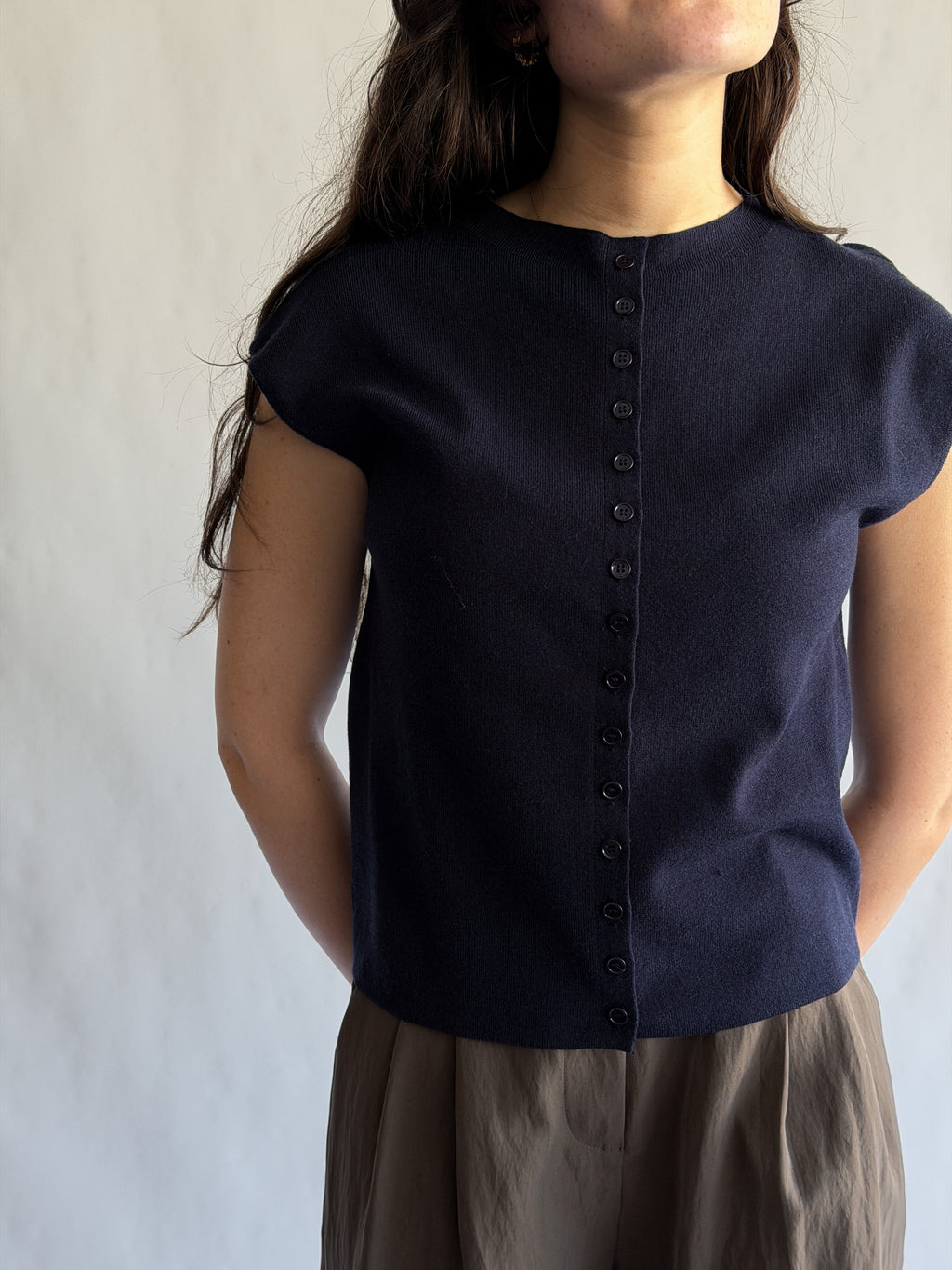 Things Between Nicole Knit Buttoned Short Sleeve Top (Navy)