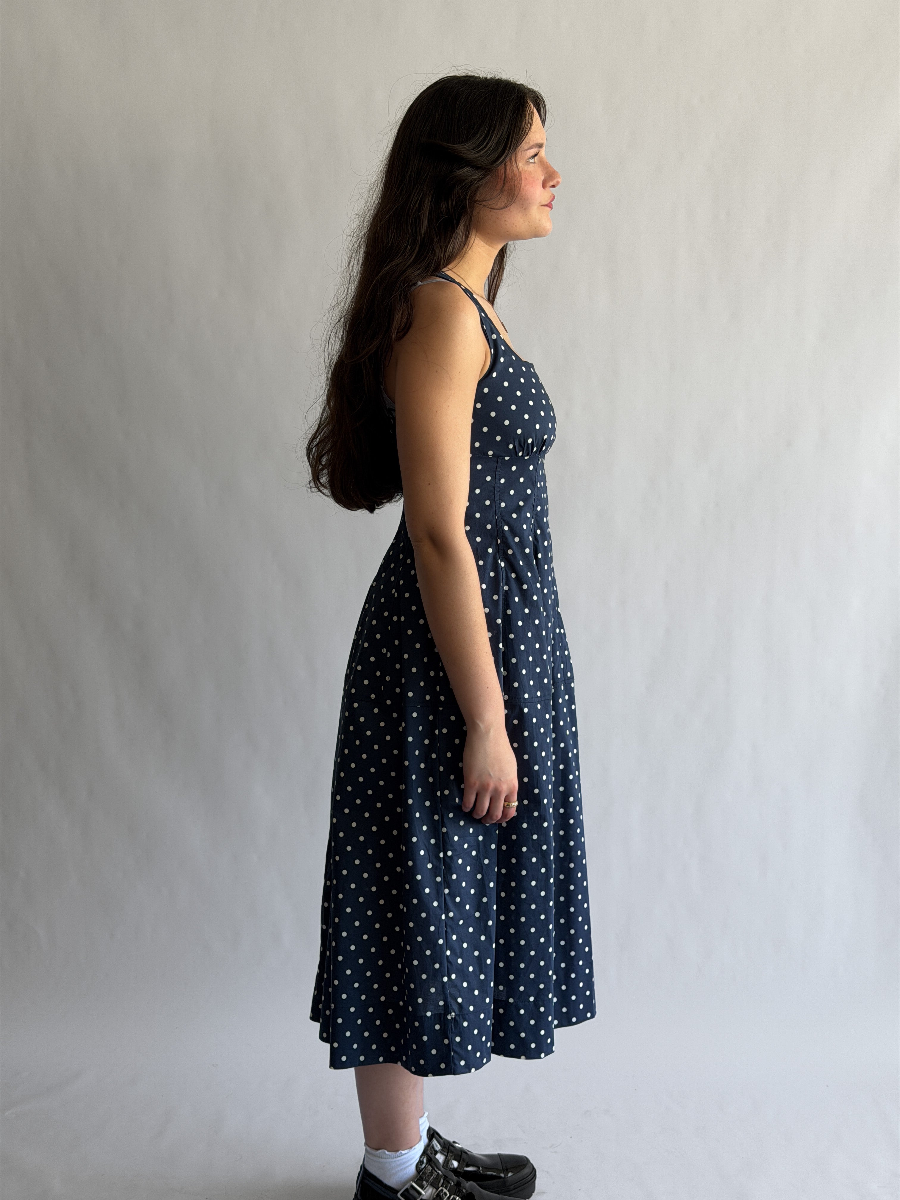PINCH Noelle Navy Polka Dot Tank Midi Dress