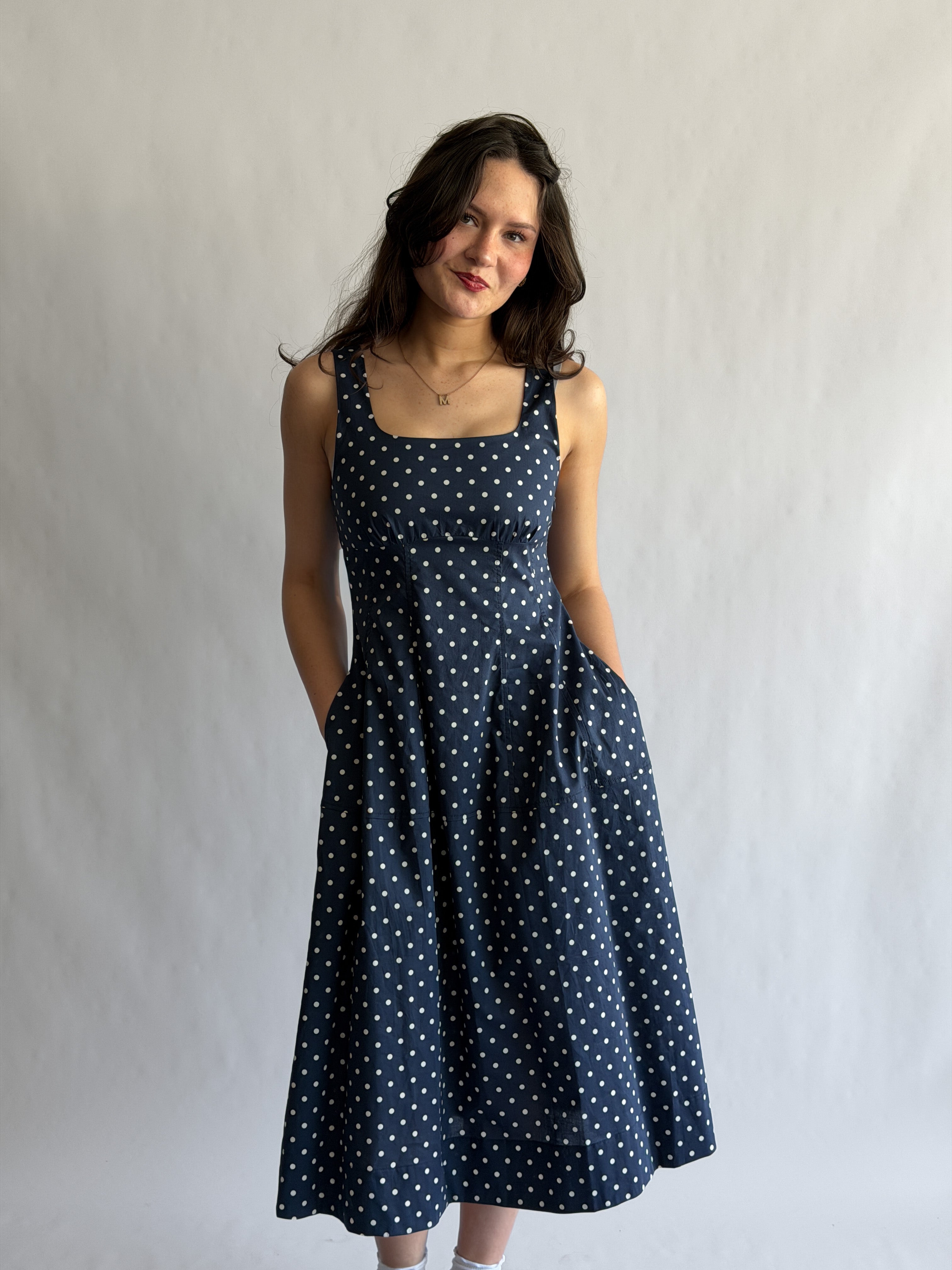 PINCH Noelle Navy Polka Dot Tank Midi Dress
