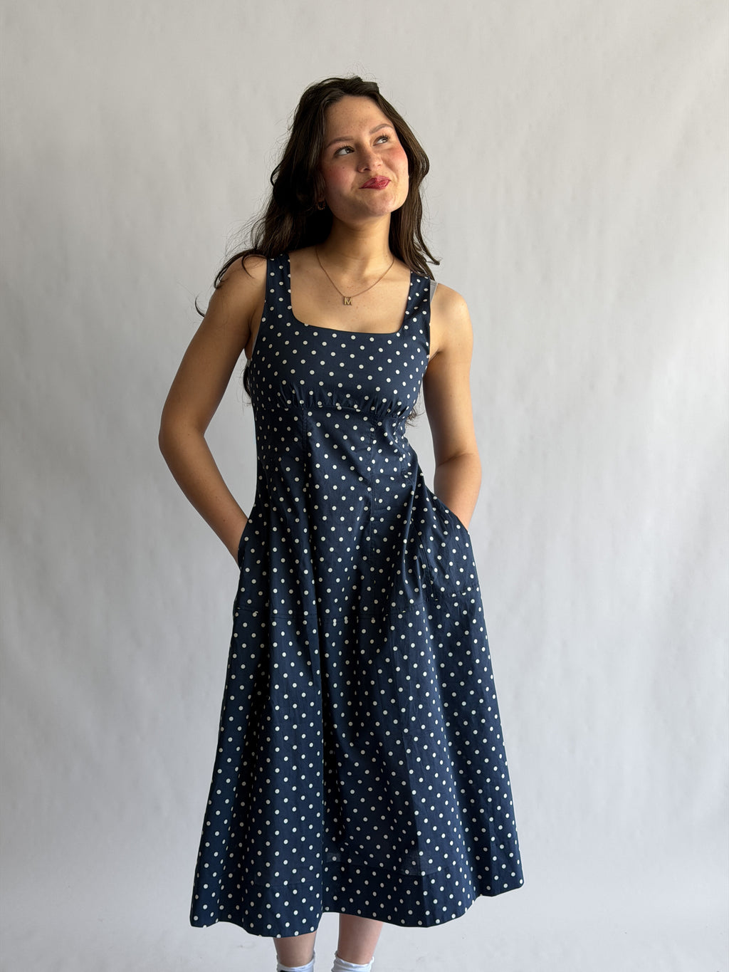 PINCH Noelle Navy Polka Dot Tank Midi Dress