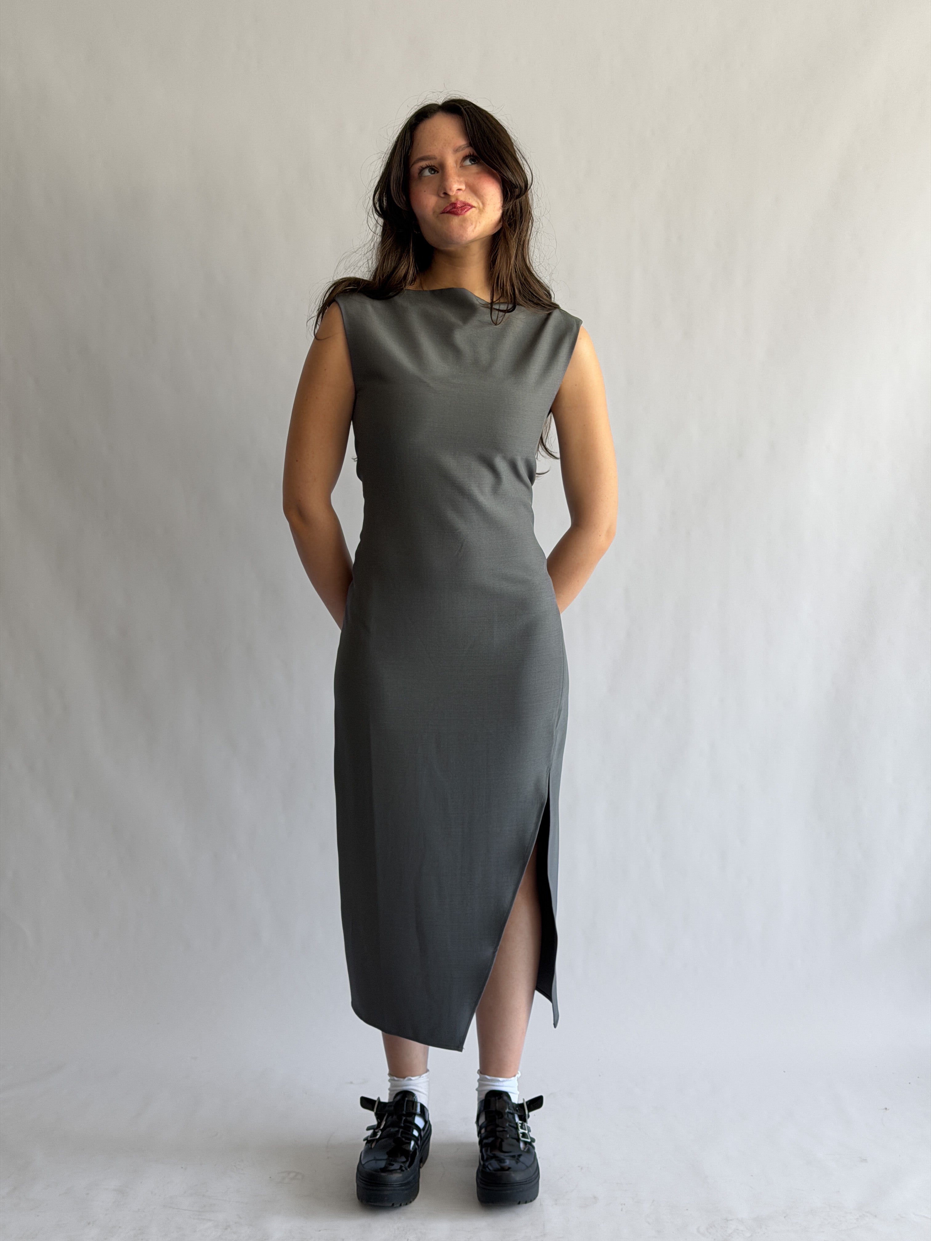 Nina Grey Tank Fitted Side Slit Midi Dress