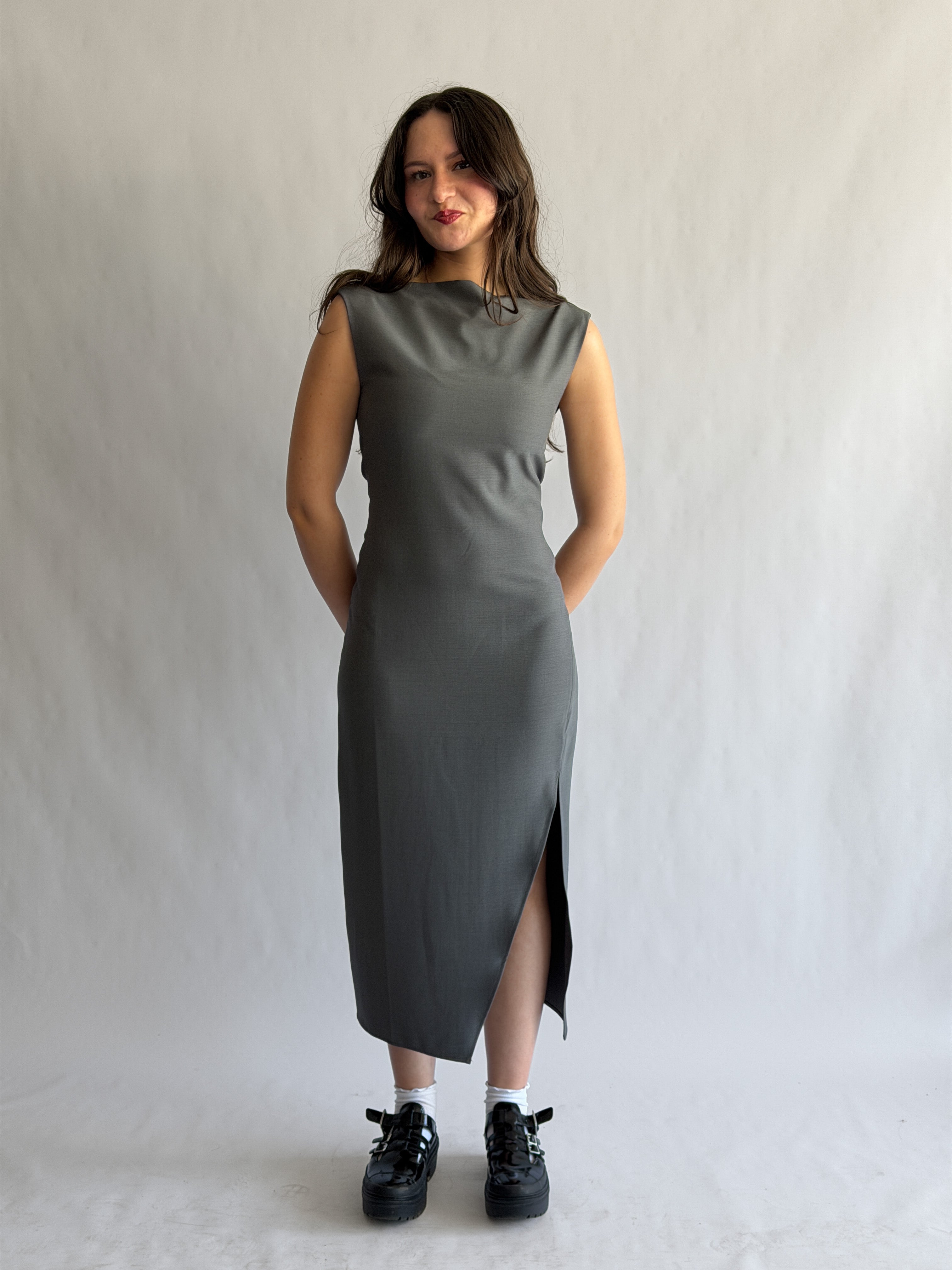 Nina Grey Tank Fitted Side Slit Midi Dress