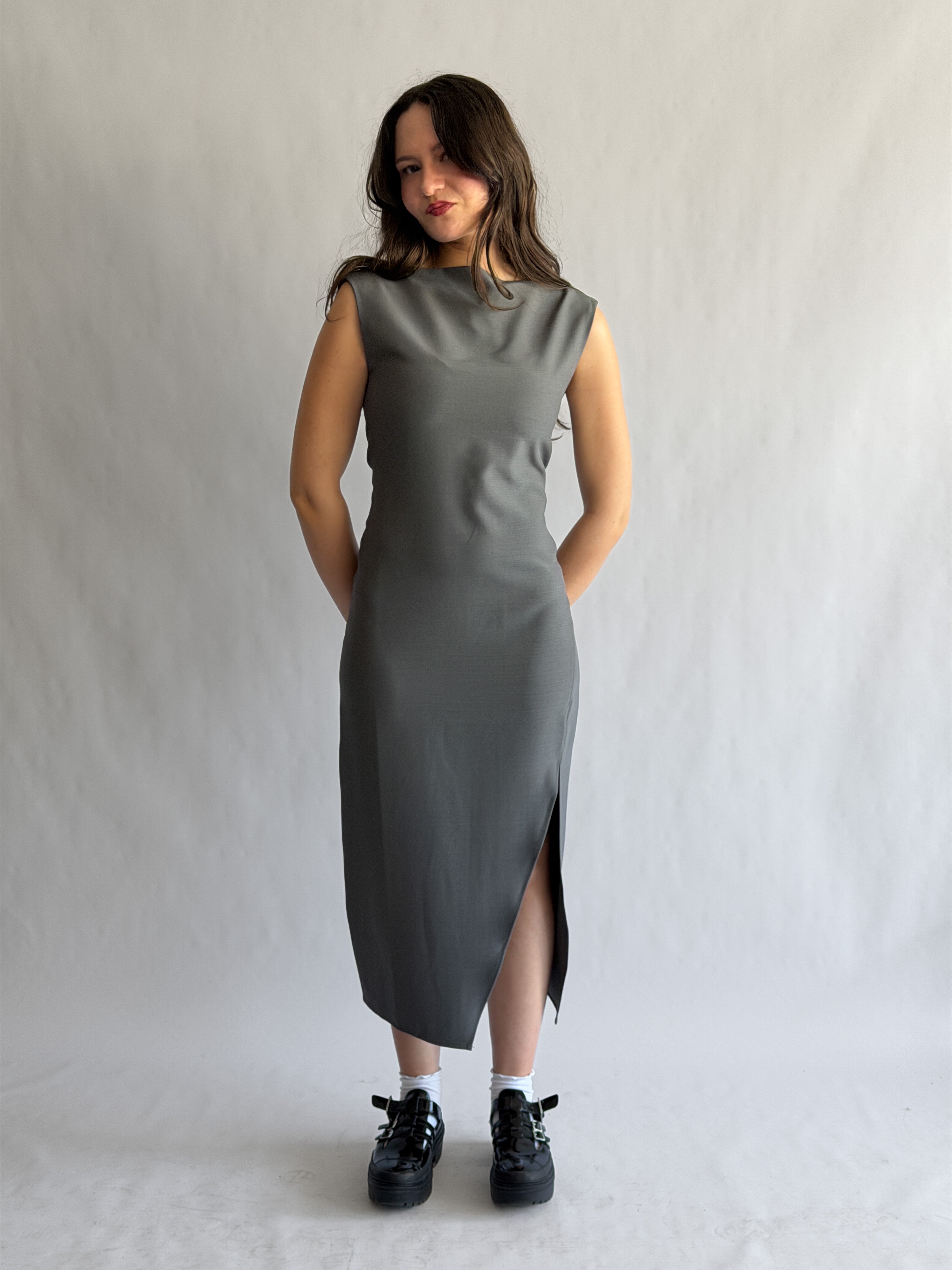 Nina Grey Tank Fitted Side Slit Midi Dress