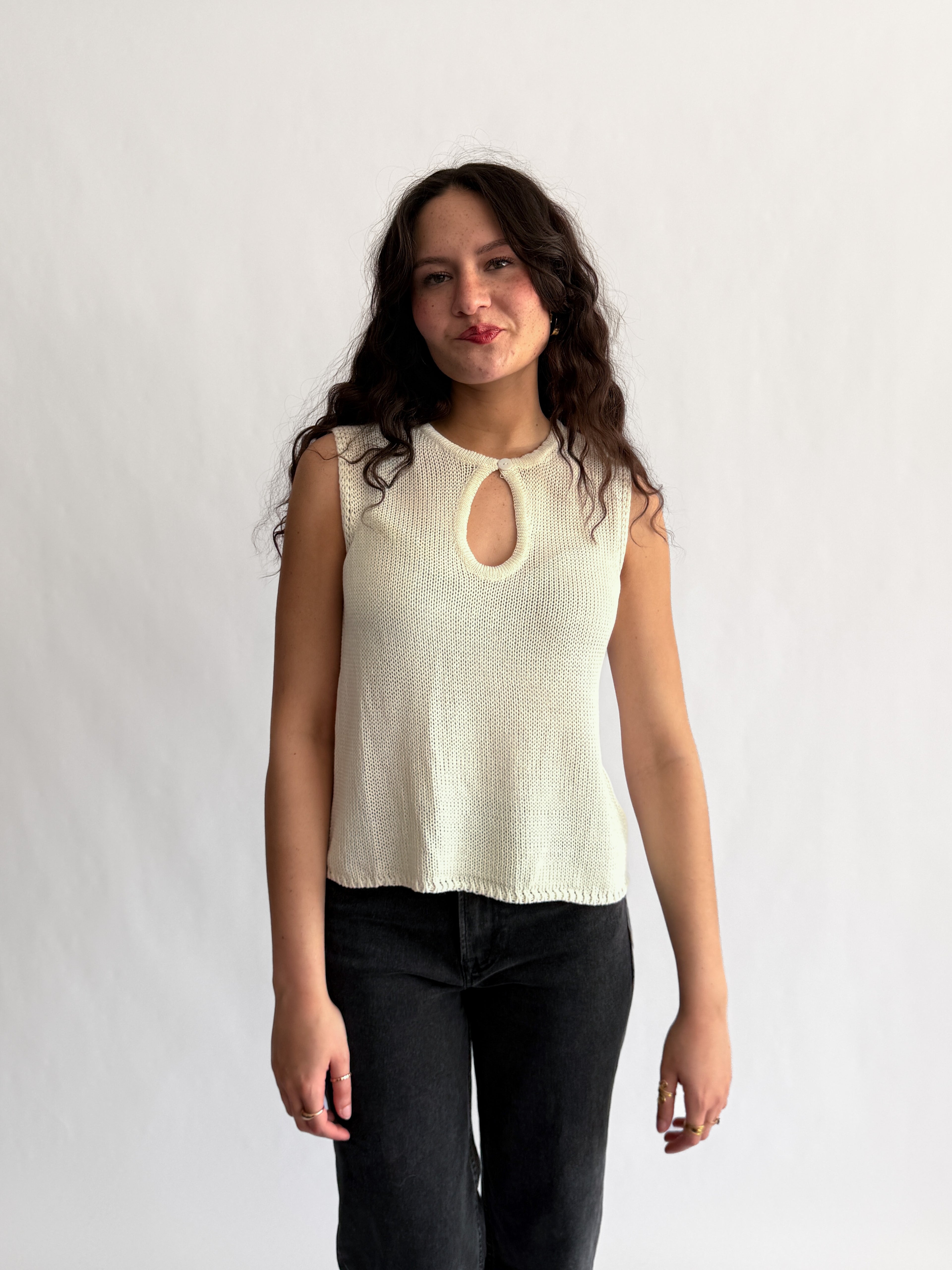 Ruth Woven Knit Keyhole Tank Top (Ivory)