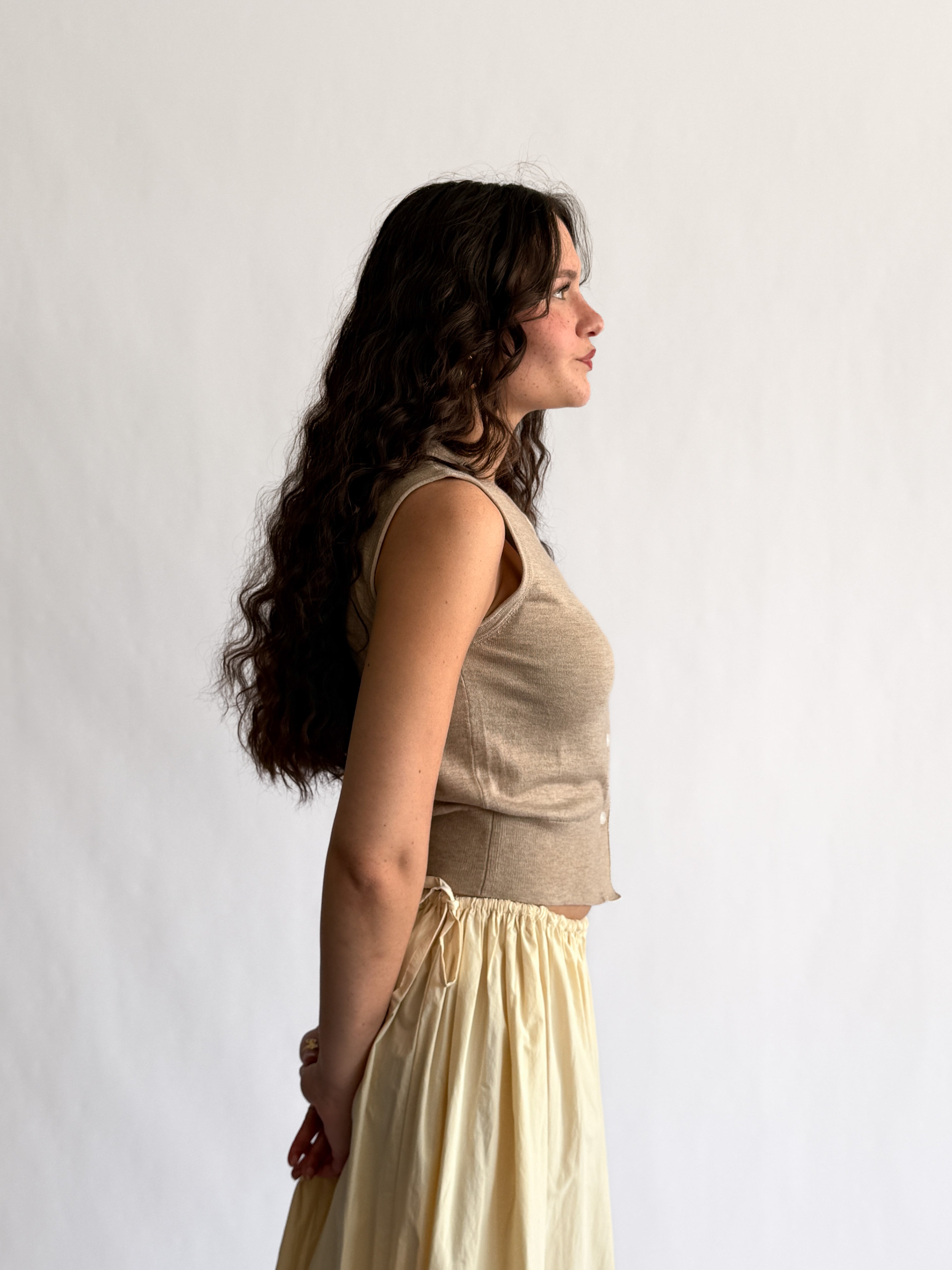 Elle Grey Ophelia Beige Buttoned Tank Cardigan Top