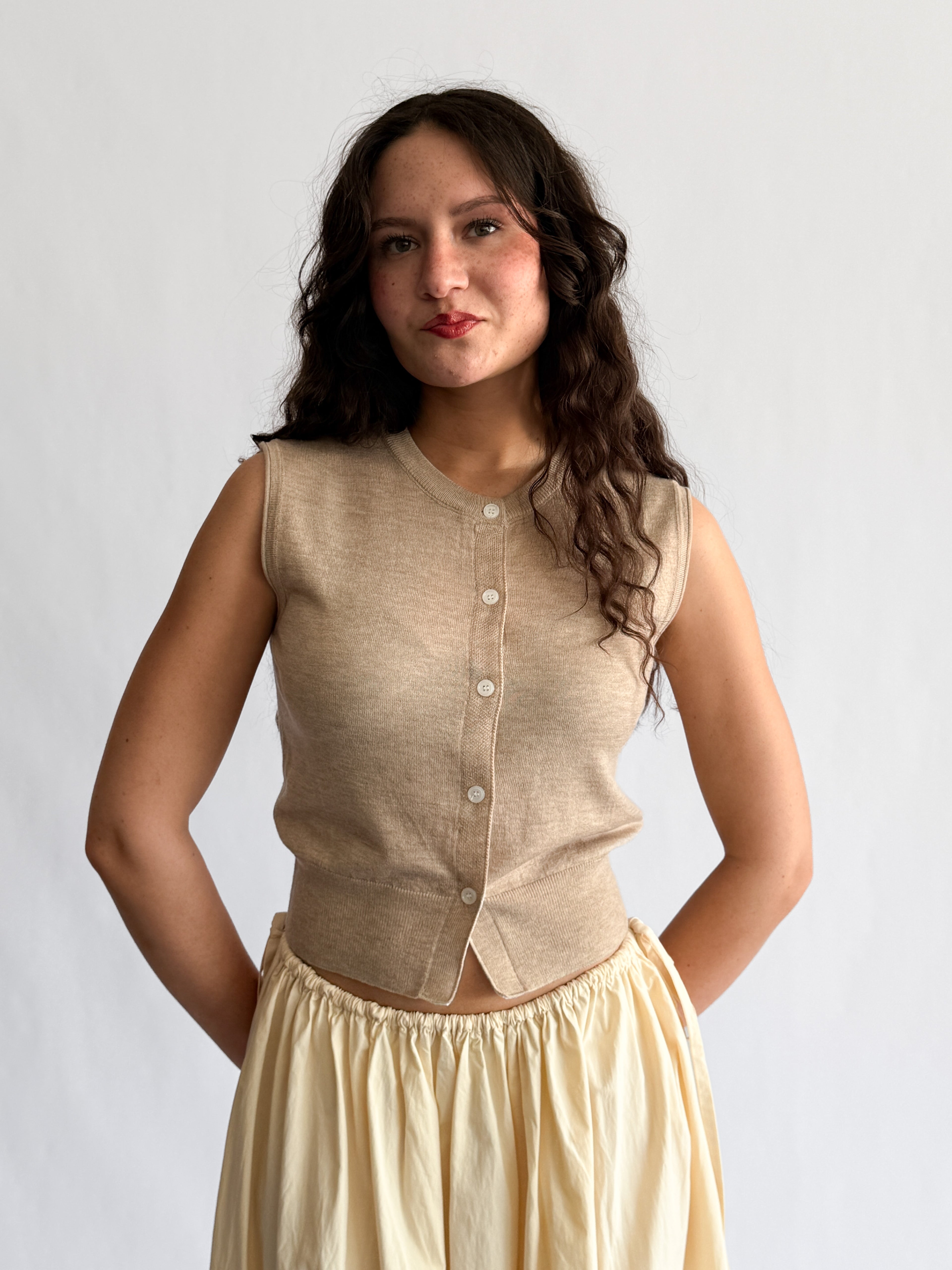 Elle Grey Ophelia Beige Buttoned Tank Cardigan Top