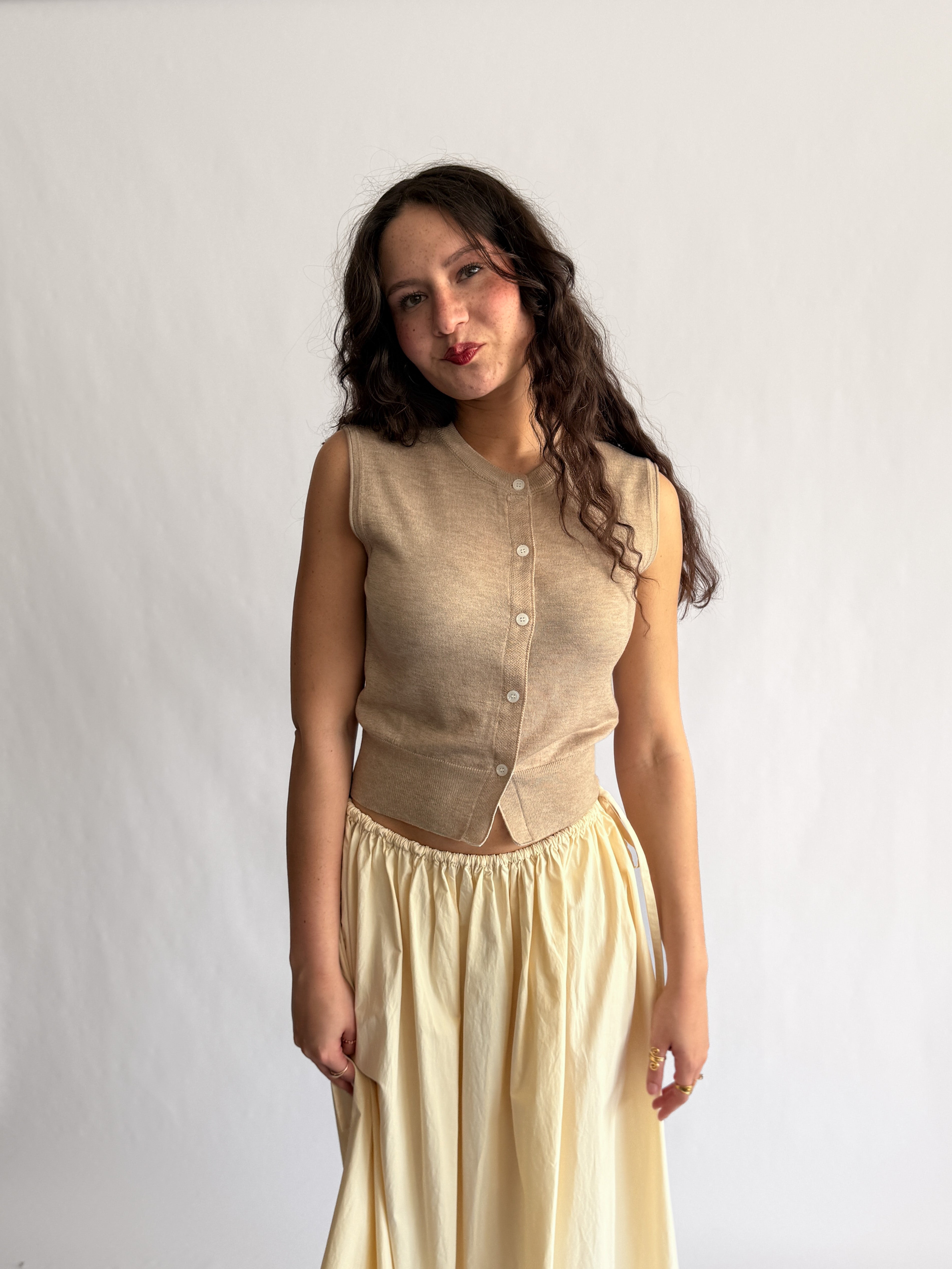 Elle Grey Ophelia Beige Buttoned Tank Cardigan Top