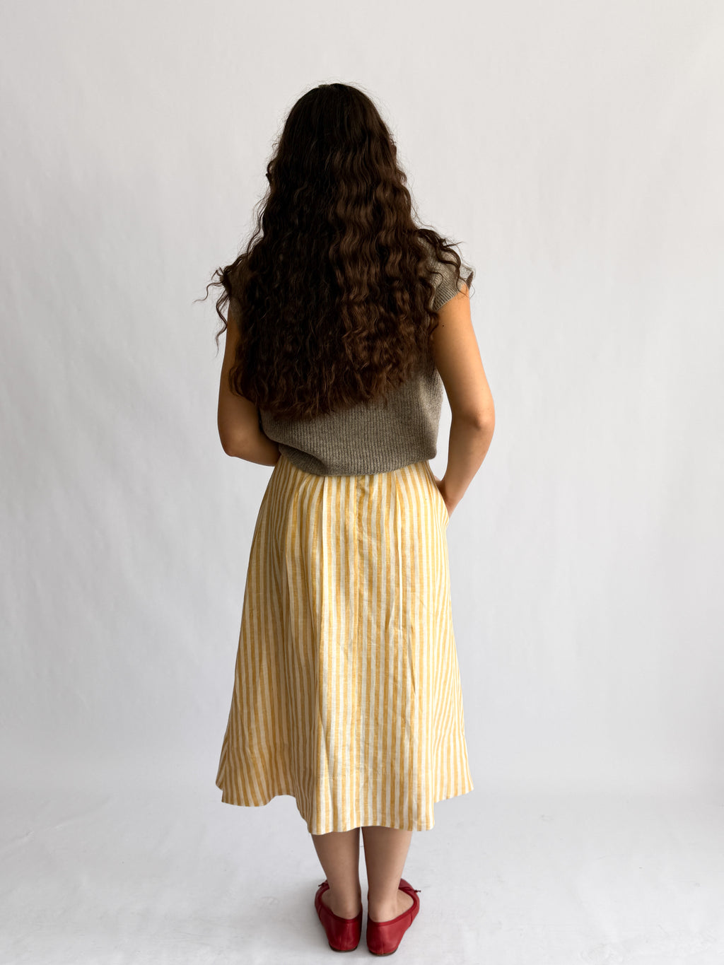 Sofie the Label Fiona Stripe Linen Pleated Midi Skirt (Yellow)