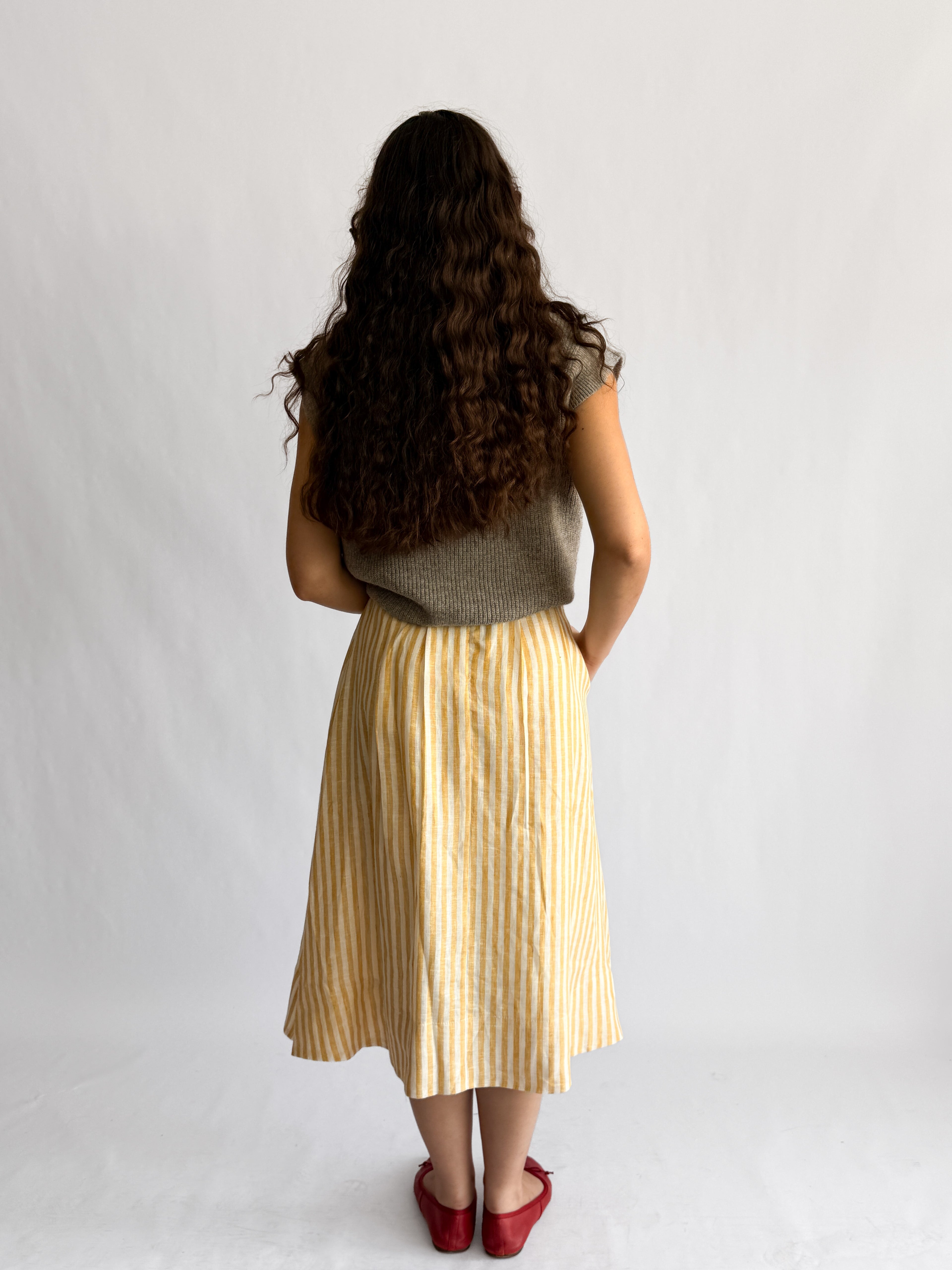 Sofie the Label Fiona Stripe Linen Pleated Midi Skirt (Yellow)