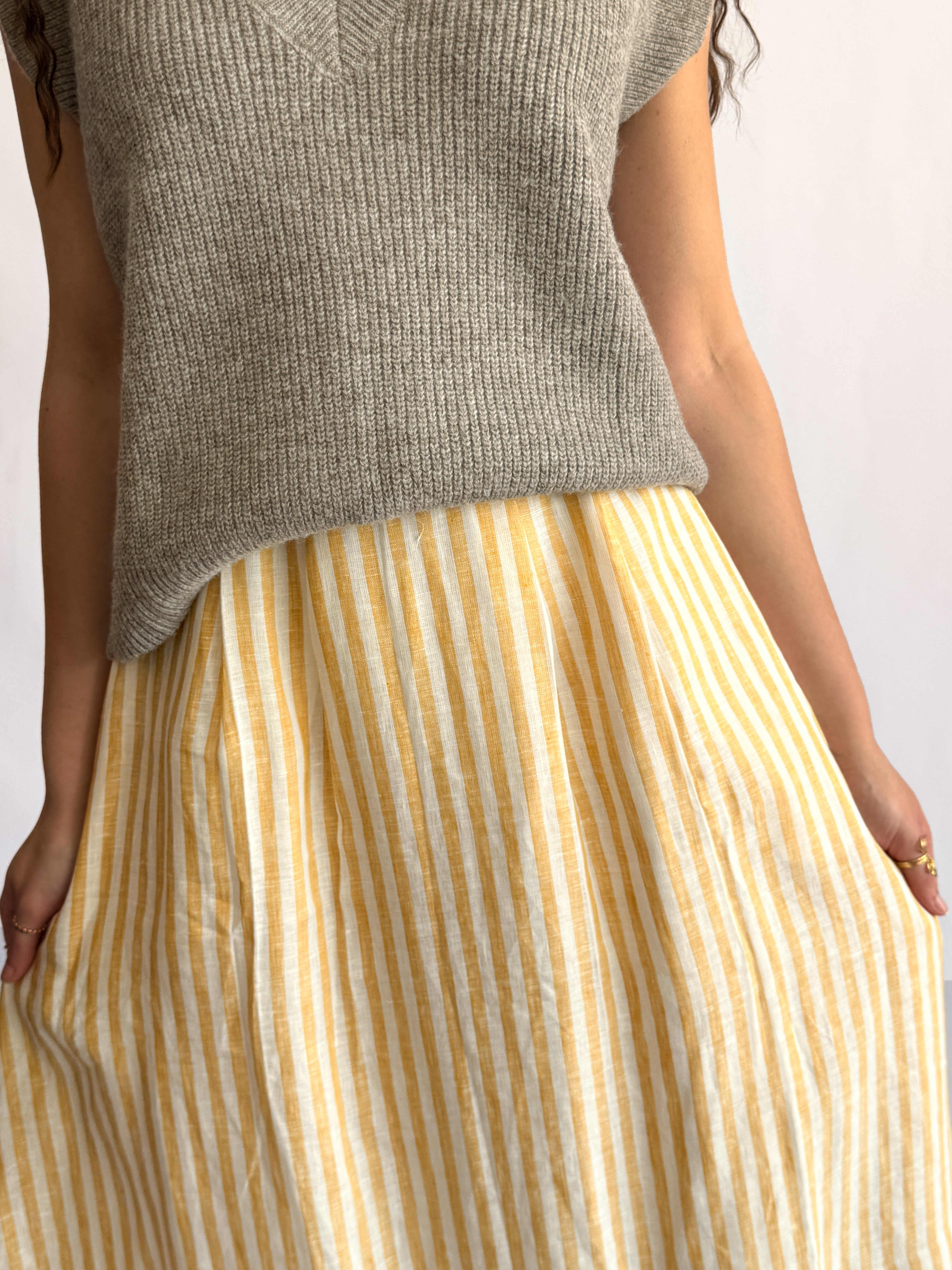 Sofie the Label Fiona Stripe Linen Pleated Midi Skirt (Yellow)