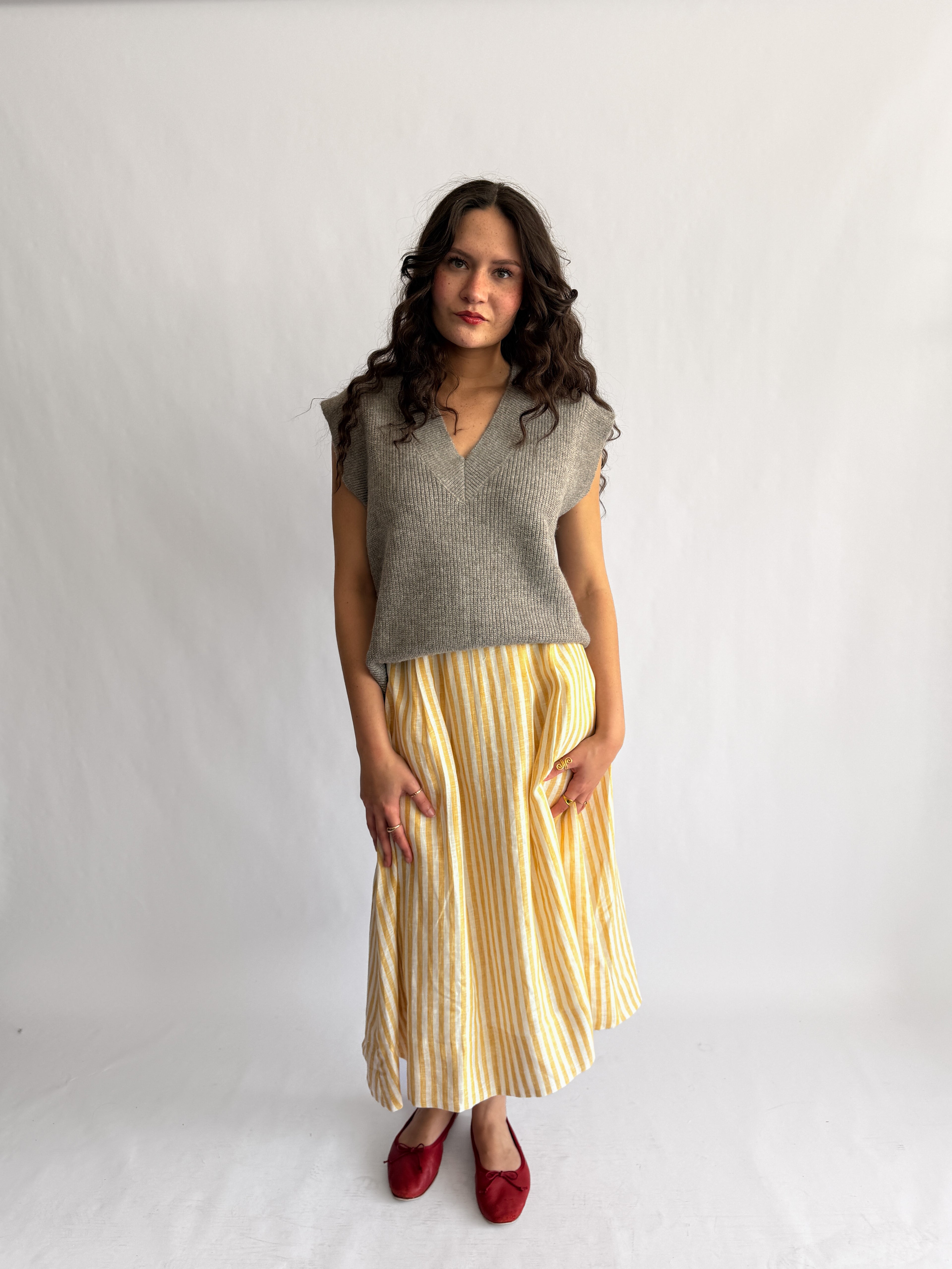 Sofie the Label Fiona Stripe Linen Pleated Midi Skirt (Yellow)