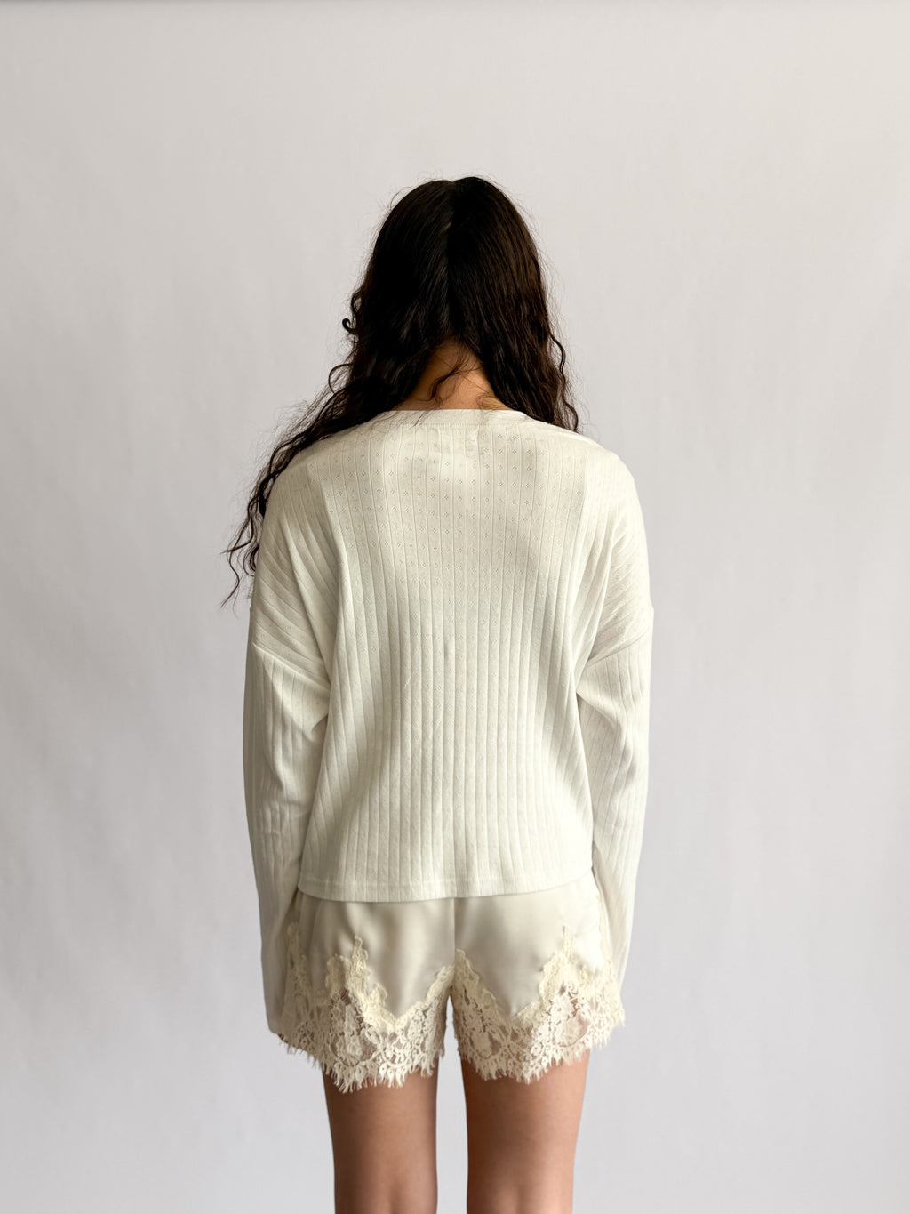 Things Between Darcy White Pointelle Henley Long Sleeve Top