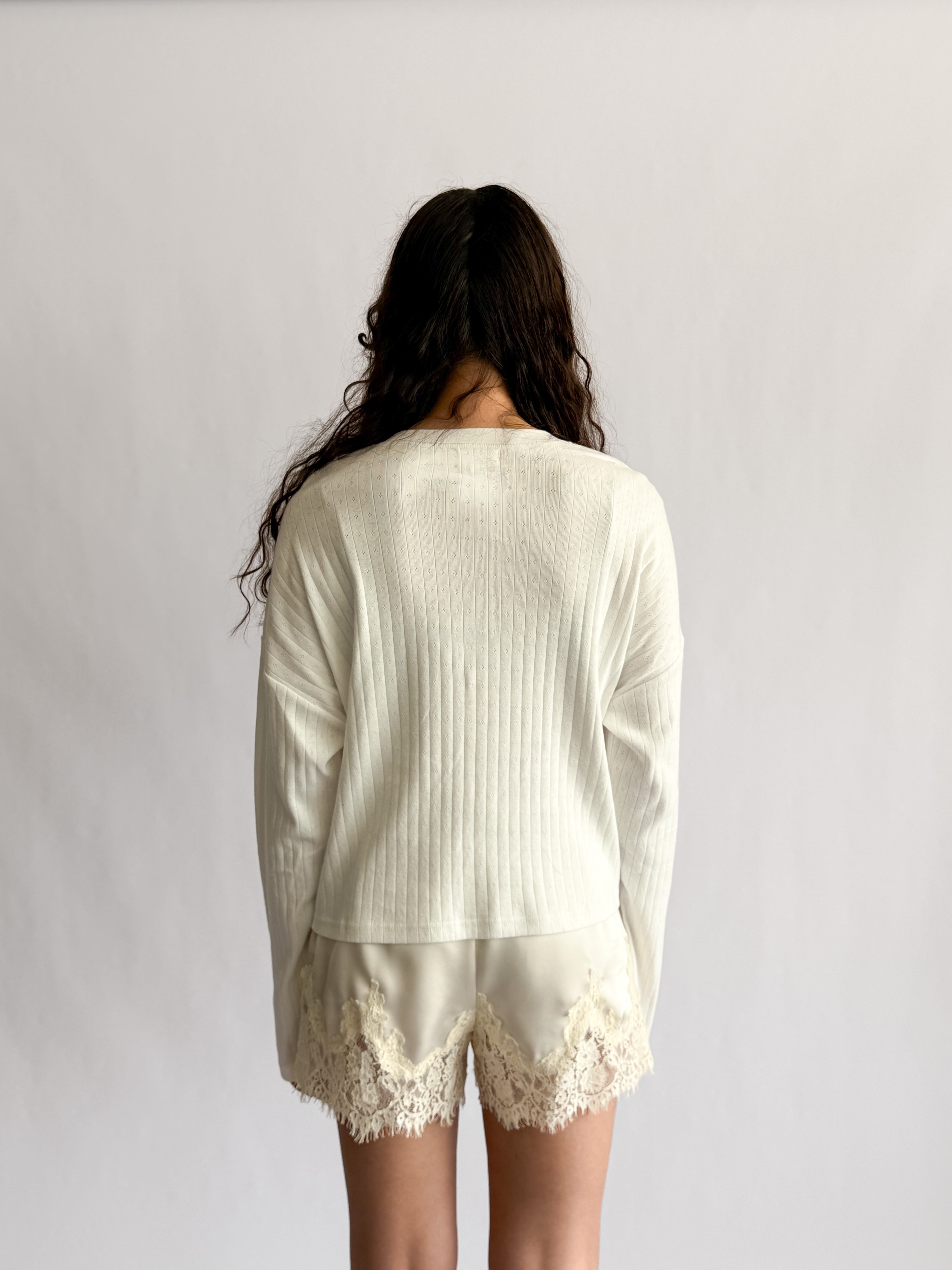 Things Between Darcy White Pointelle Henley Long Sleeve Top