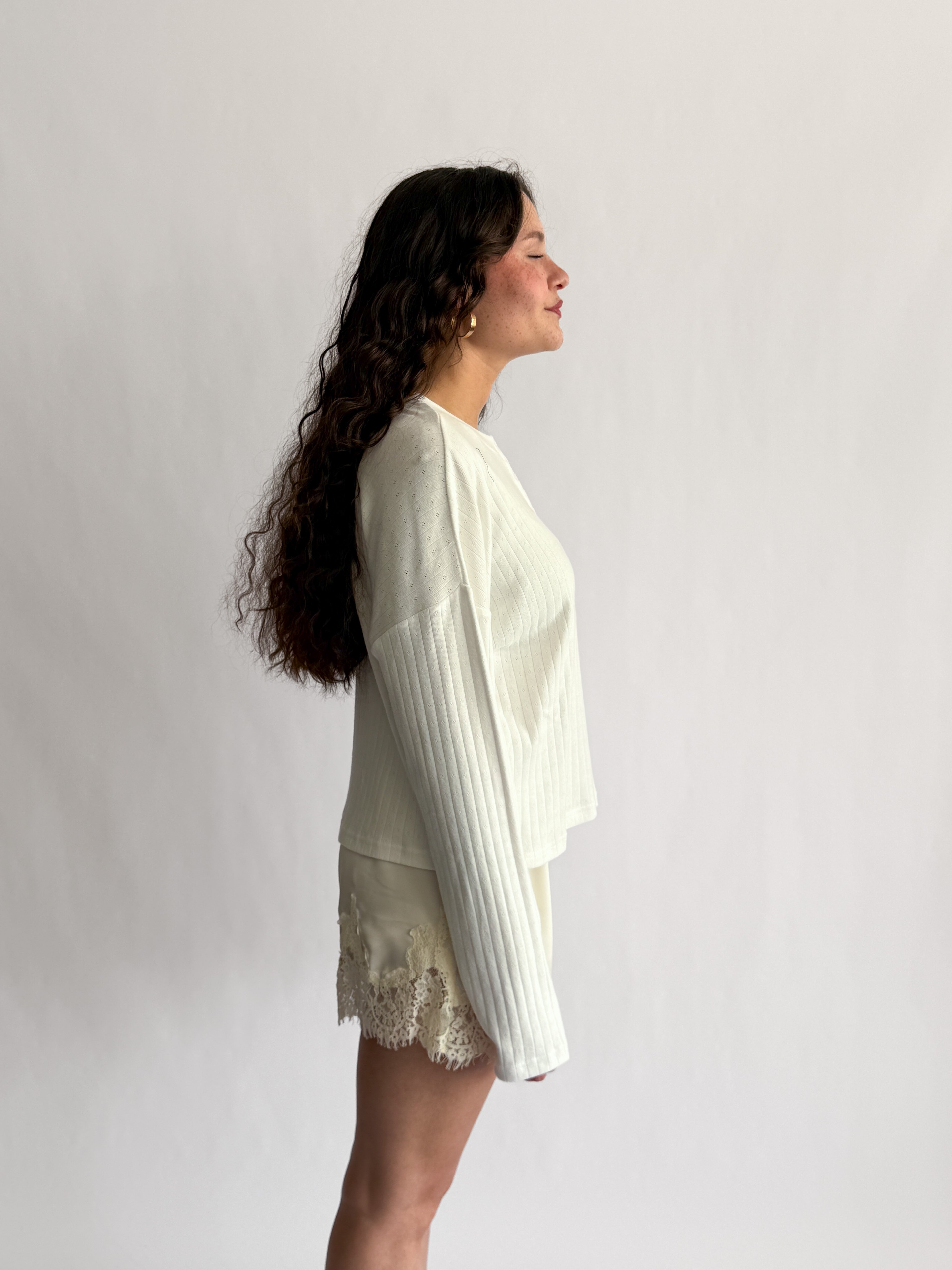 Things Between Darcy White Pointelle Henley Long Sleeve Top