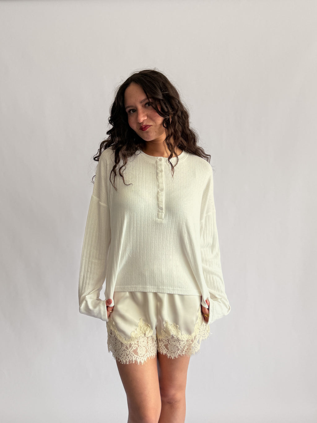 Things Between Darcy White Pointelle Henley Long Sleeve Top