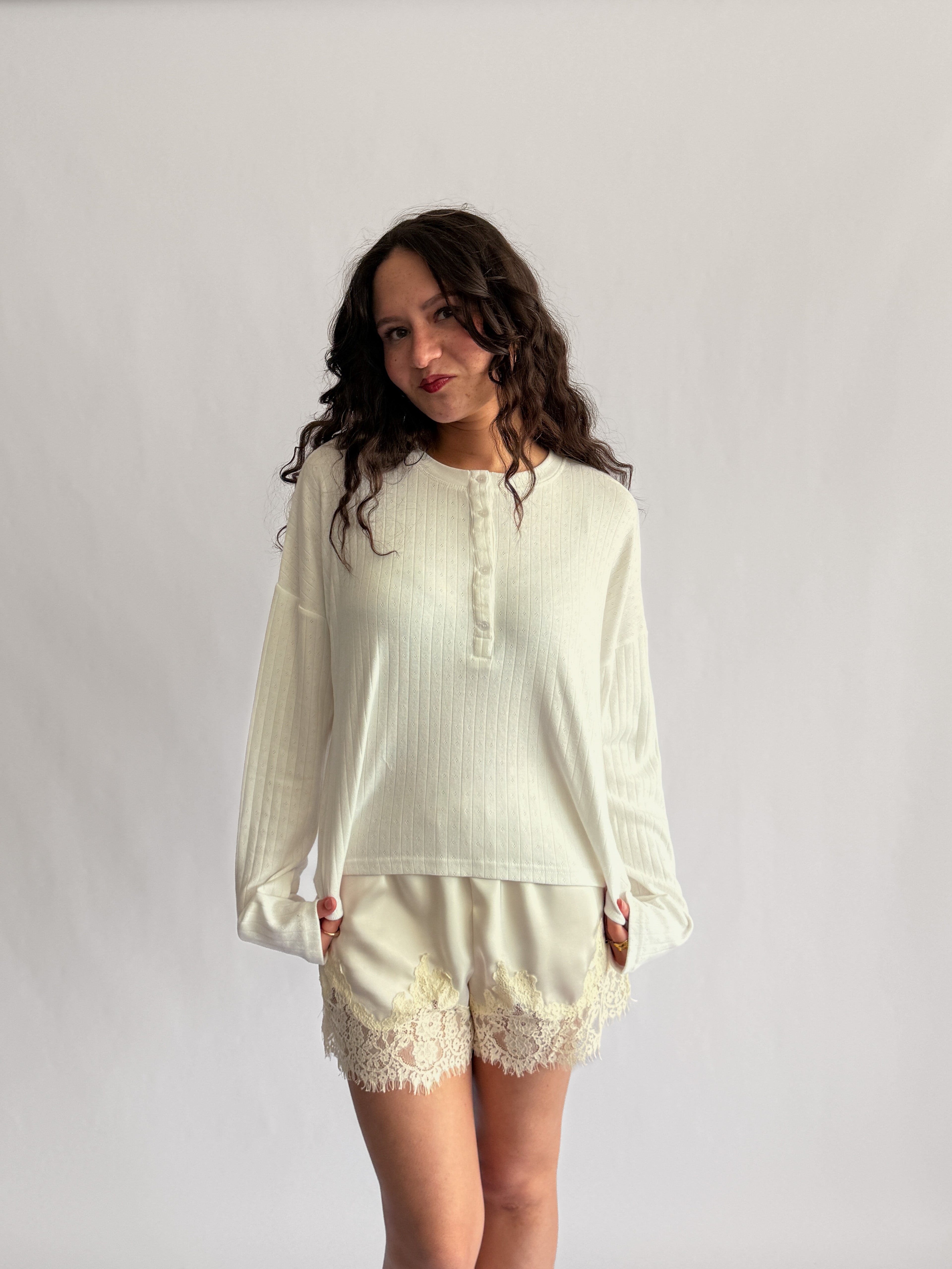 Things Between Darcy White Pointelle Henley Long Sleeve Top