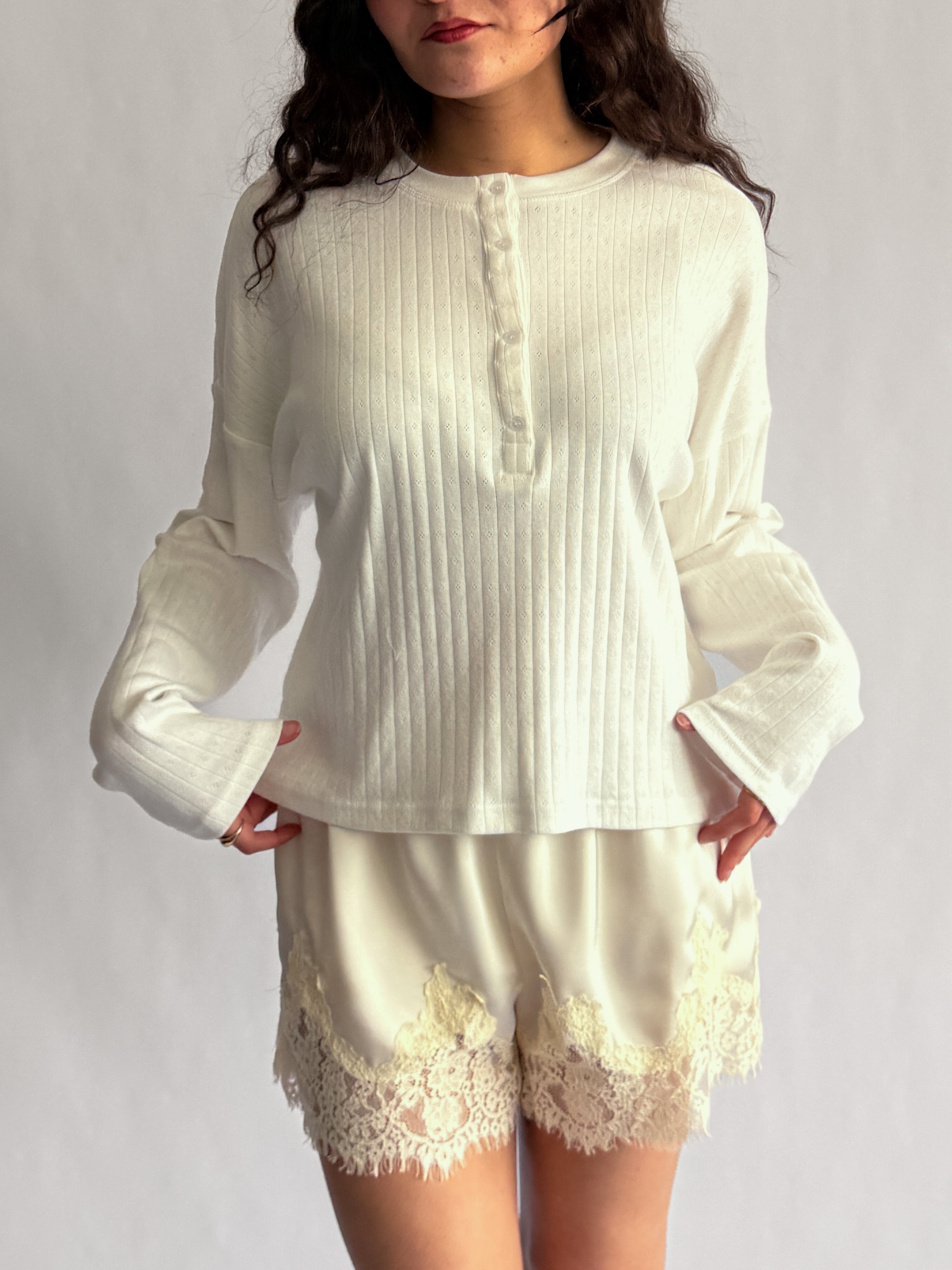 Things Between Darcy White Pointelle Henley Long Sleeve Top