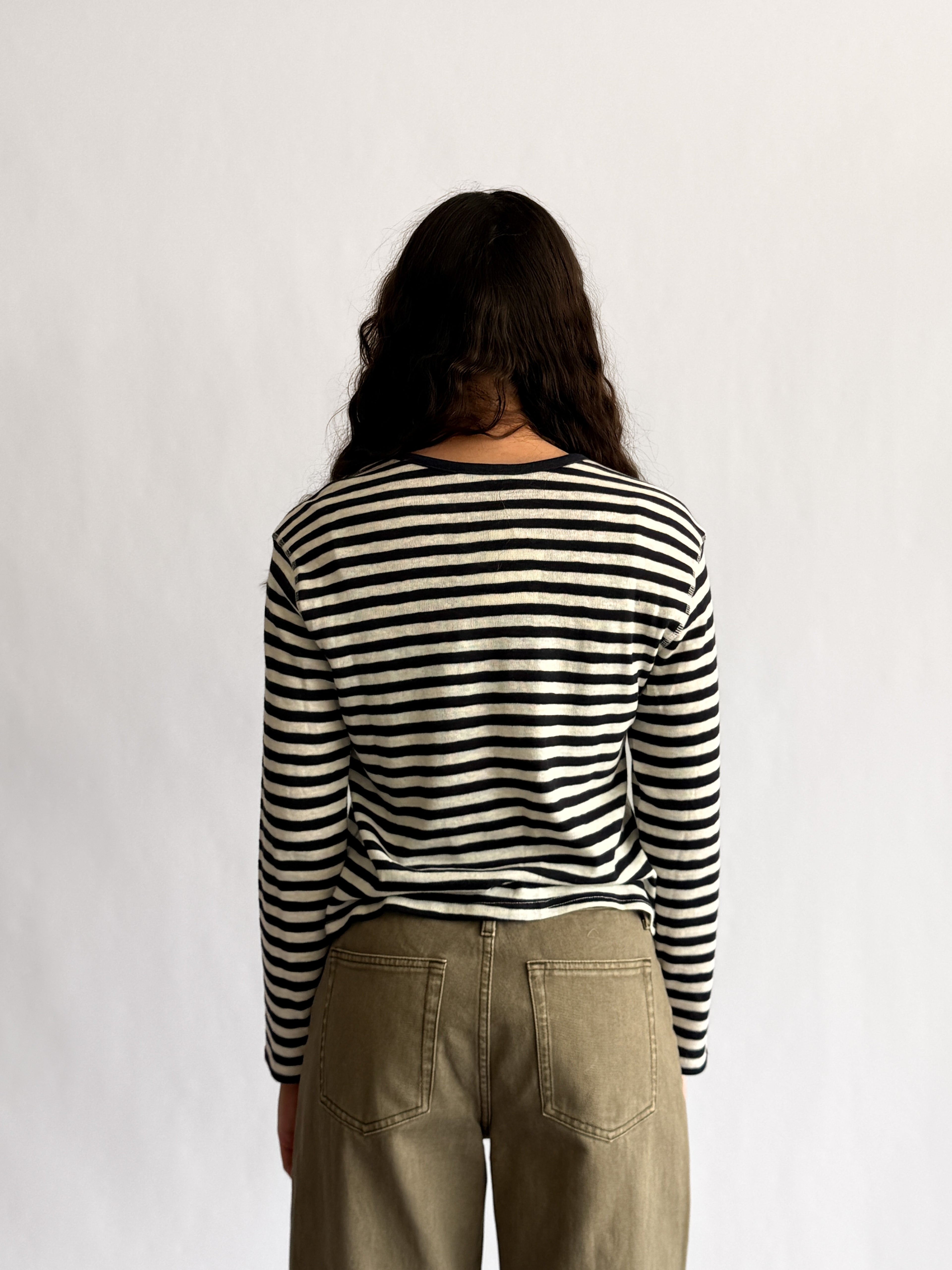 Elle Grey Opal Navy and White Striped Henley Long Sleeve Top