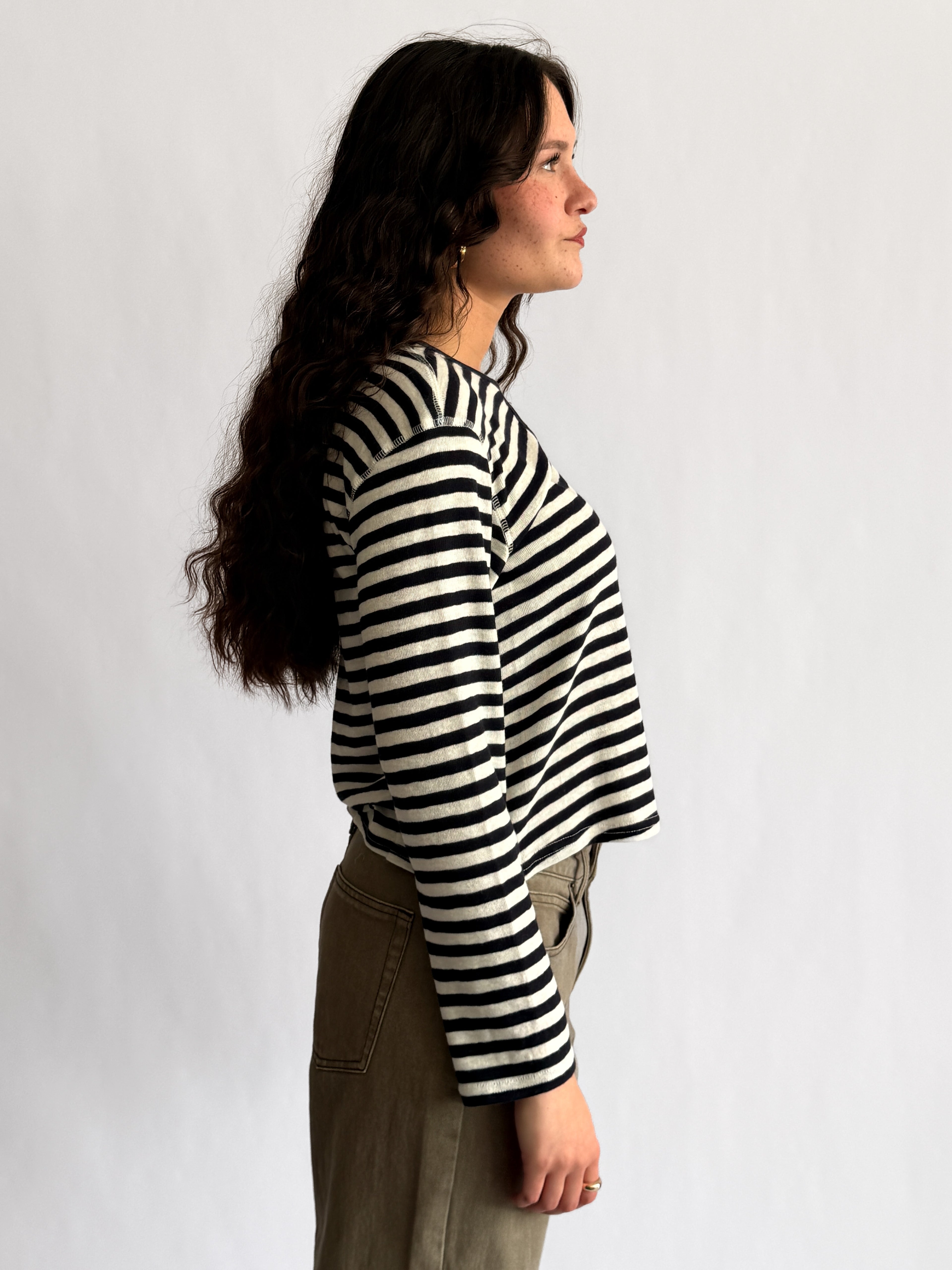 Elle Grey Opal Navy and White Striped Henley Long Sleeve Top
