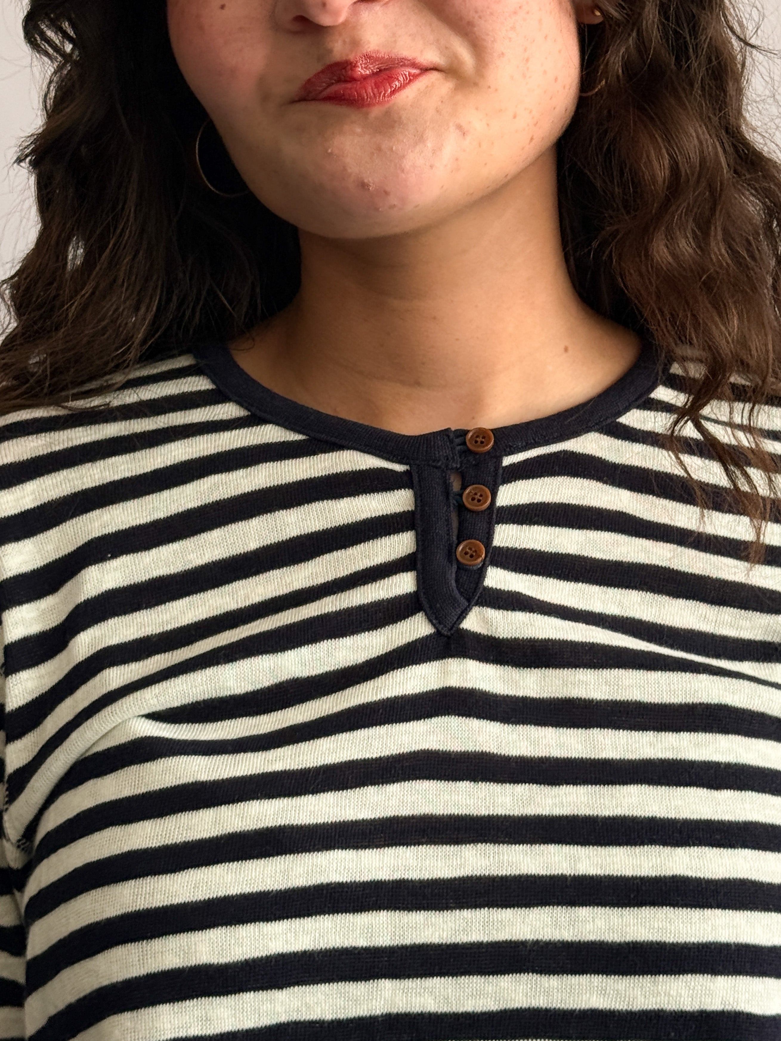 Elle Grey Opal Navy and White Striped Henley Long Sleeve Top