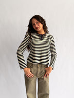 Elle Grey Opal Navy and White Striped Henley Long Sleeve Top