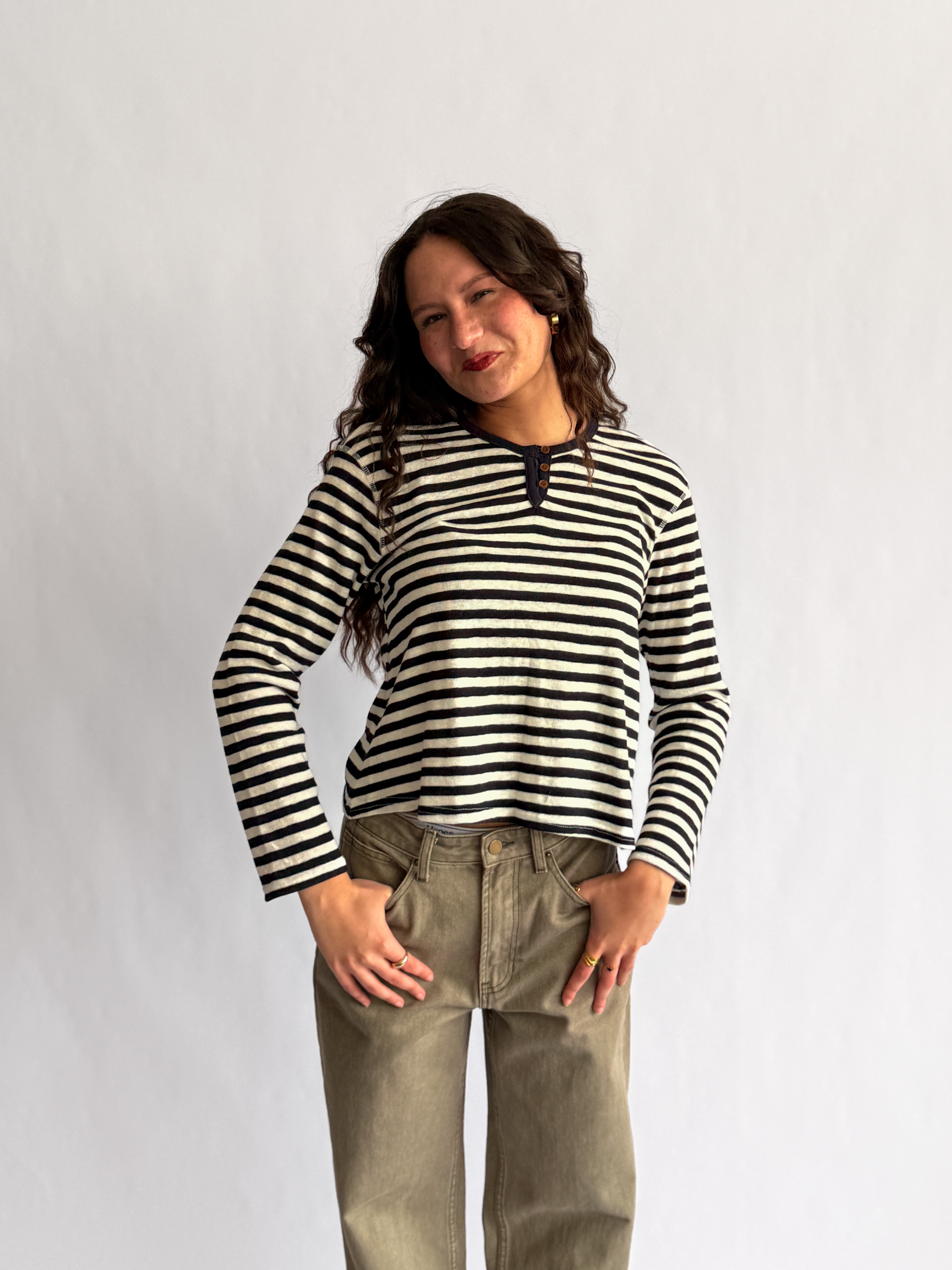 Elle Grey Opal Navy and White Striped Henley Long Sleeve Top