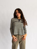 Elle Grey Opal Navy and White Striped Henley Long Sleeve Top