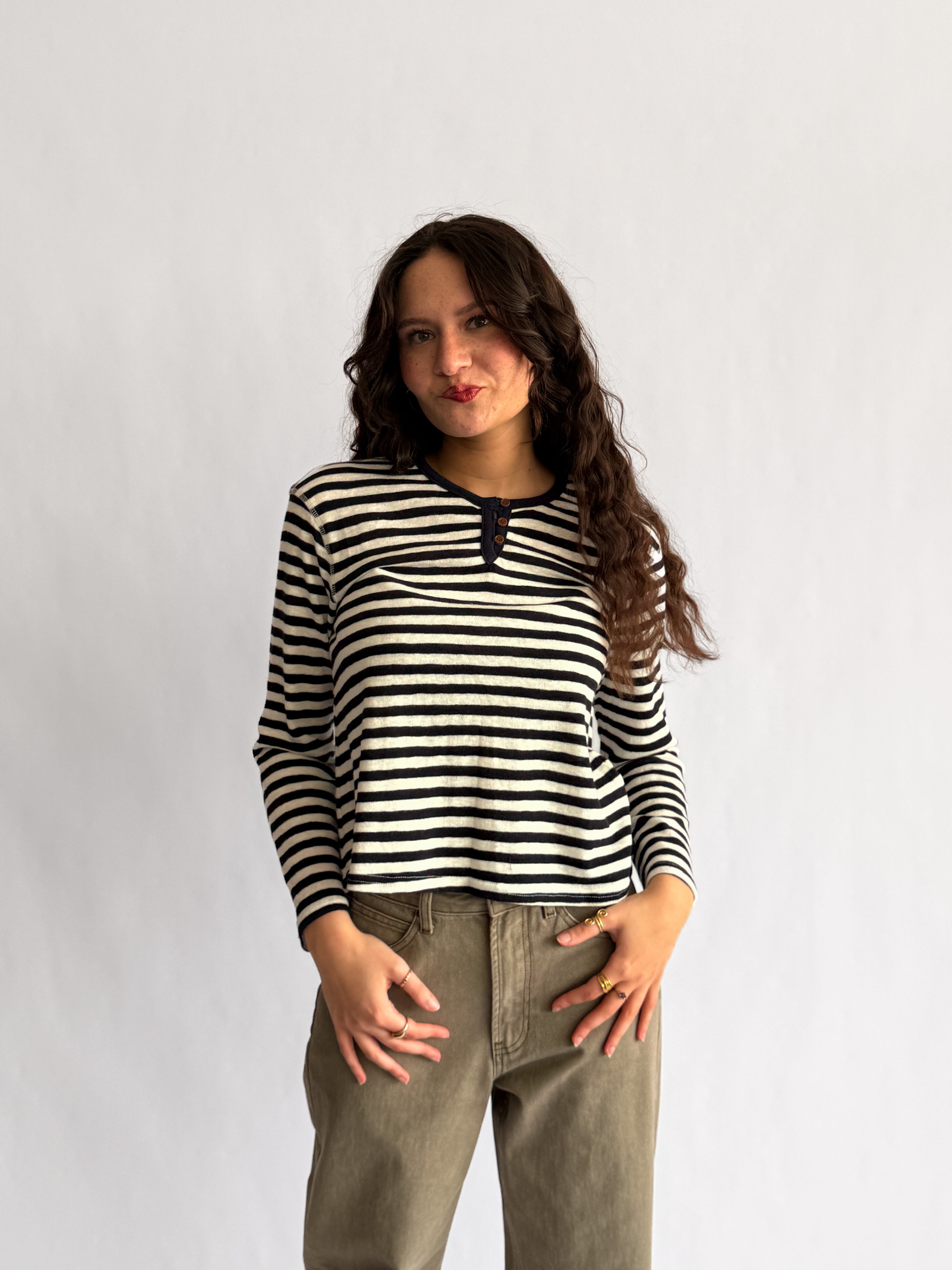 Elle Grey Opal Navy and White Striped Henley Long Sleeve Top