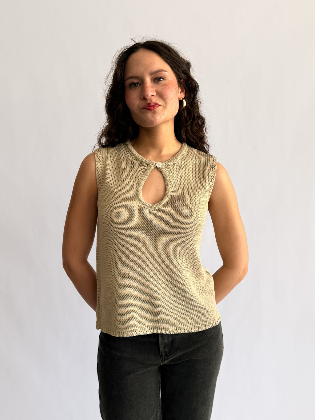 Ruth Woven Knit Keyhole Tank Top (Beige)