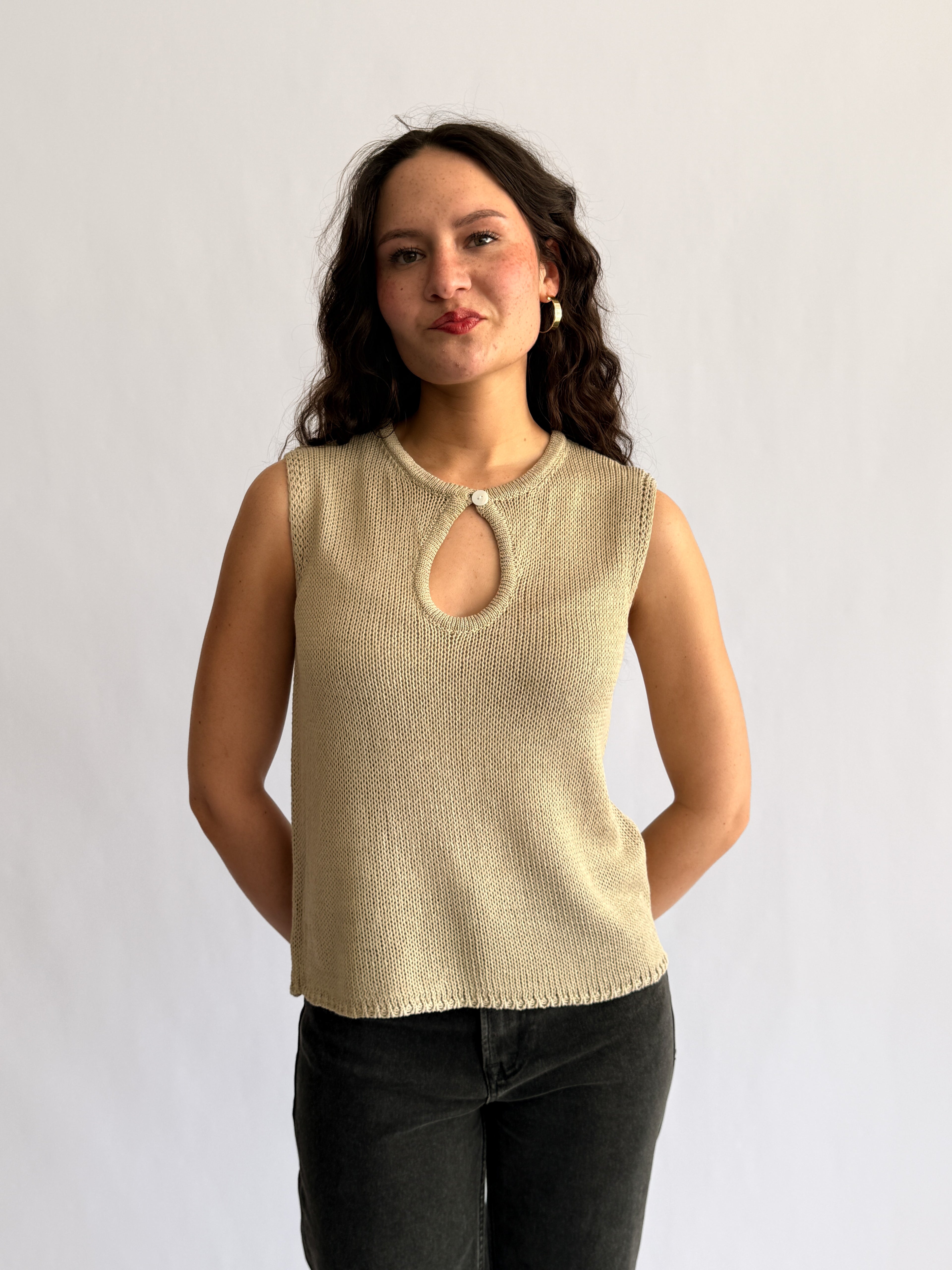 Ruth Woven Knit Keyhole Tank Top (Beige)