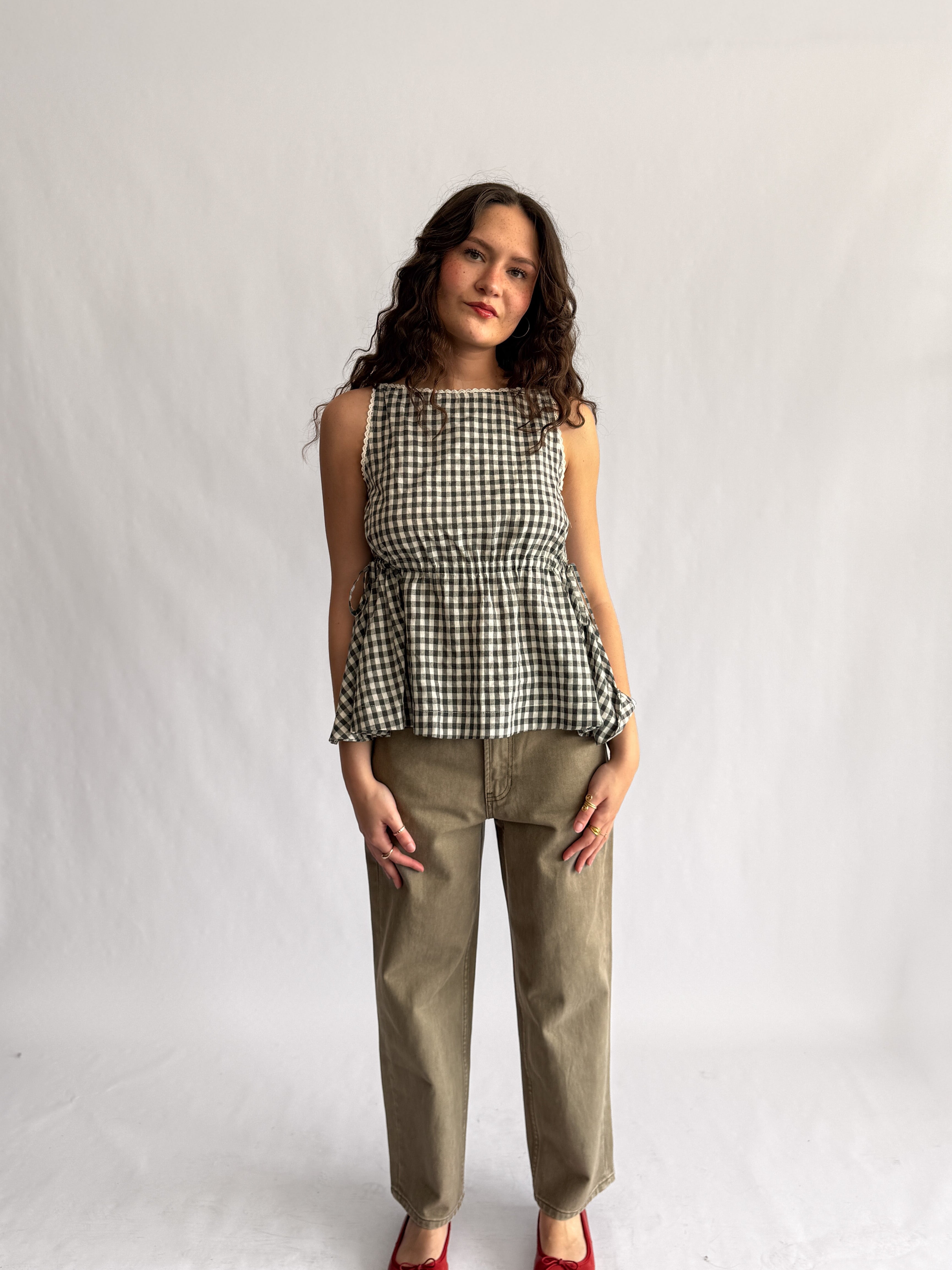 Sofie the Label Olive Black Gingham Cinched Tank Top