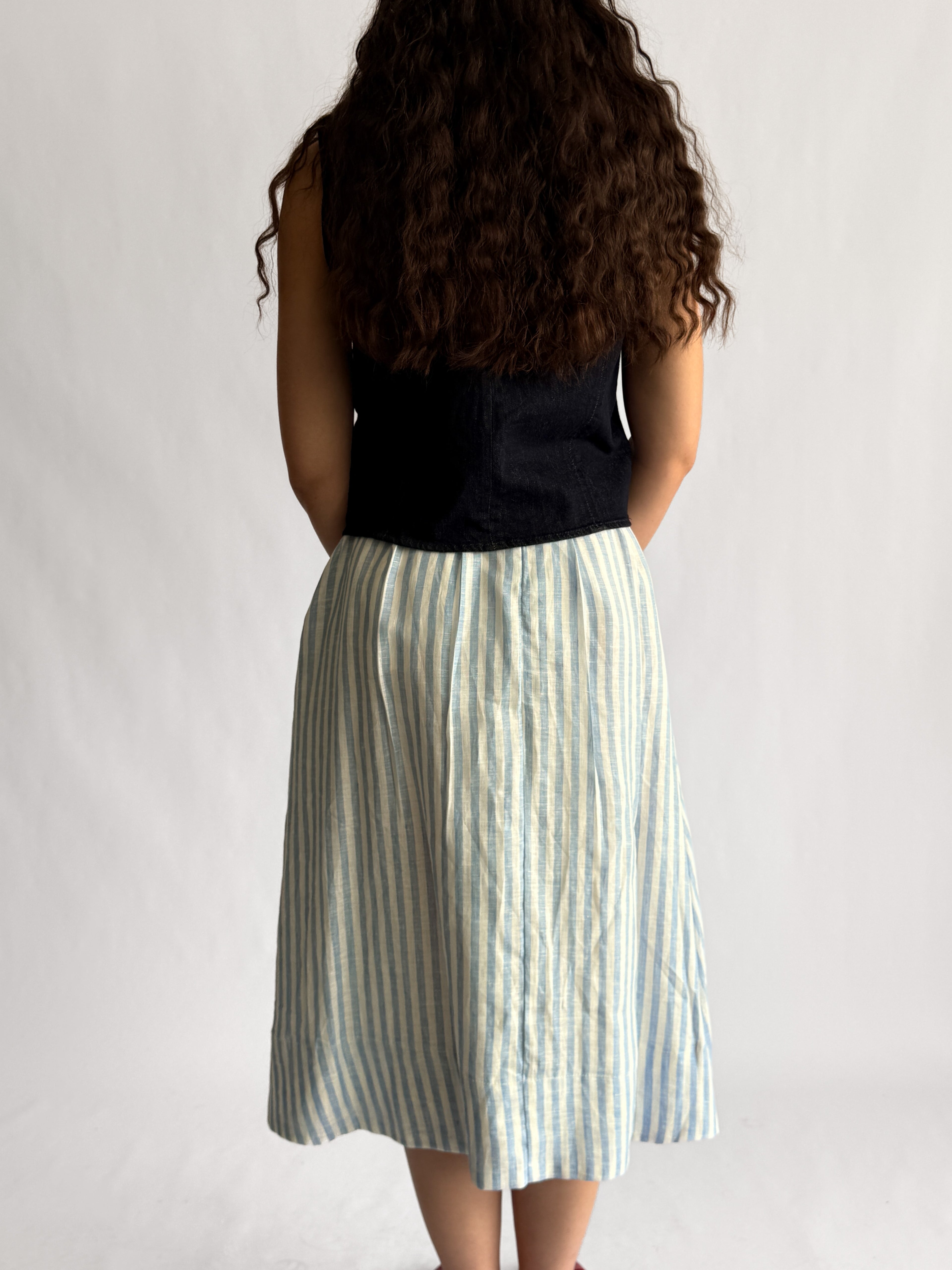 Sofie the Label Fiona Stripe Linen Pleated Midi Skirt (Blue)