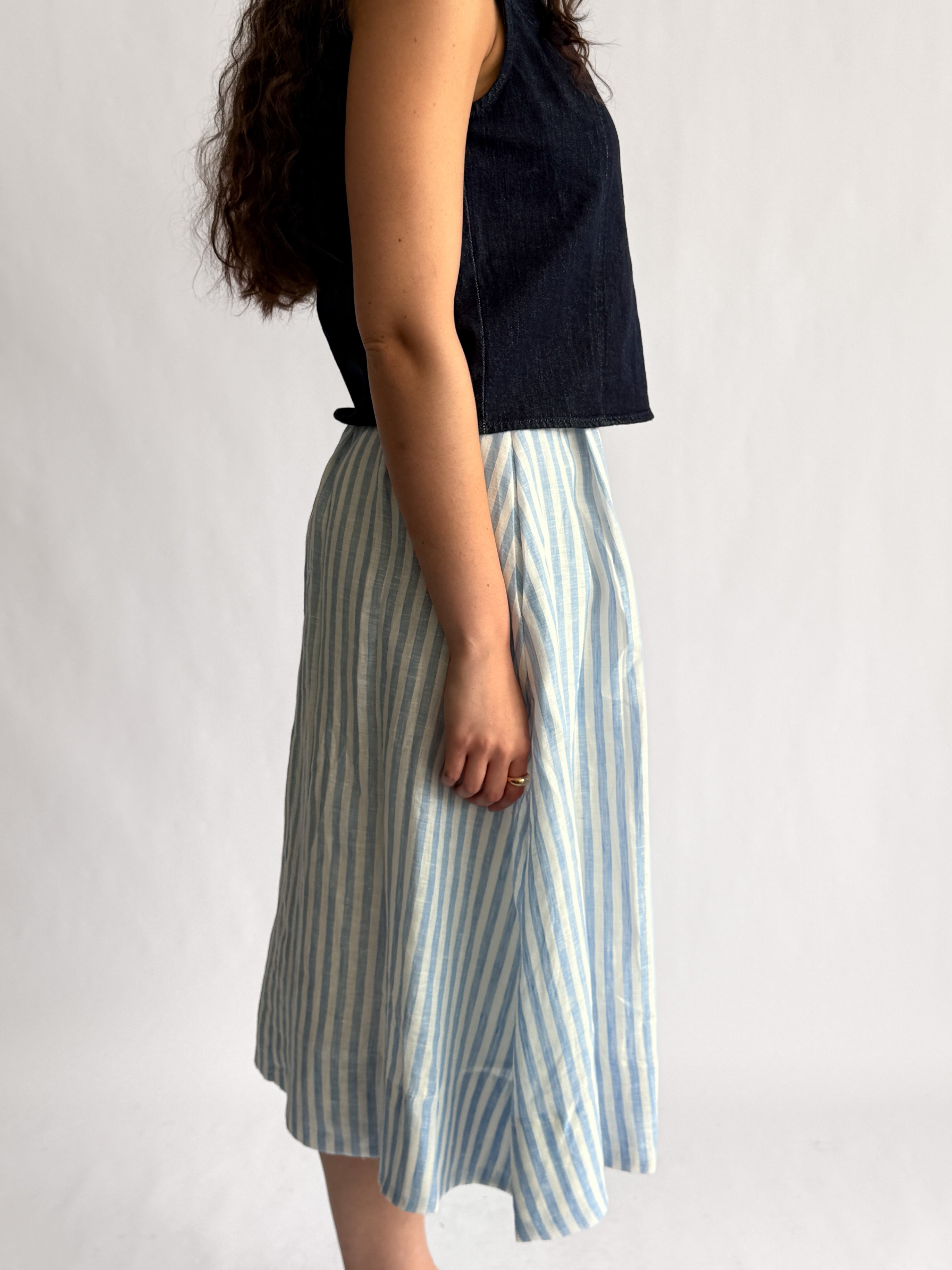 Sofie the Label Fiona Stripe Linen Pleated Midi Skirt (Blue)