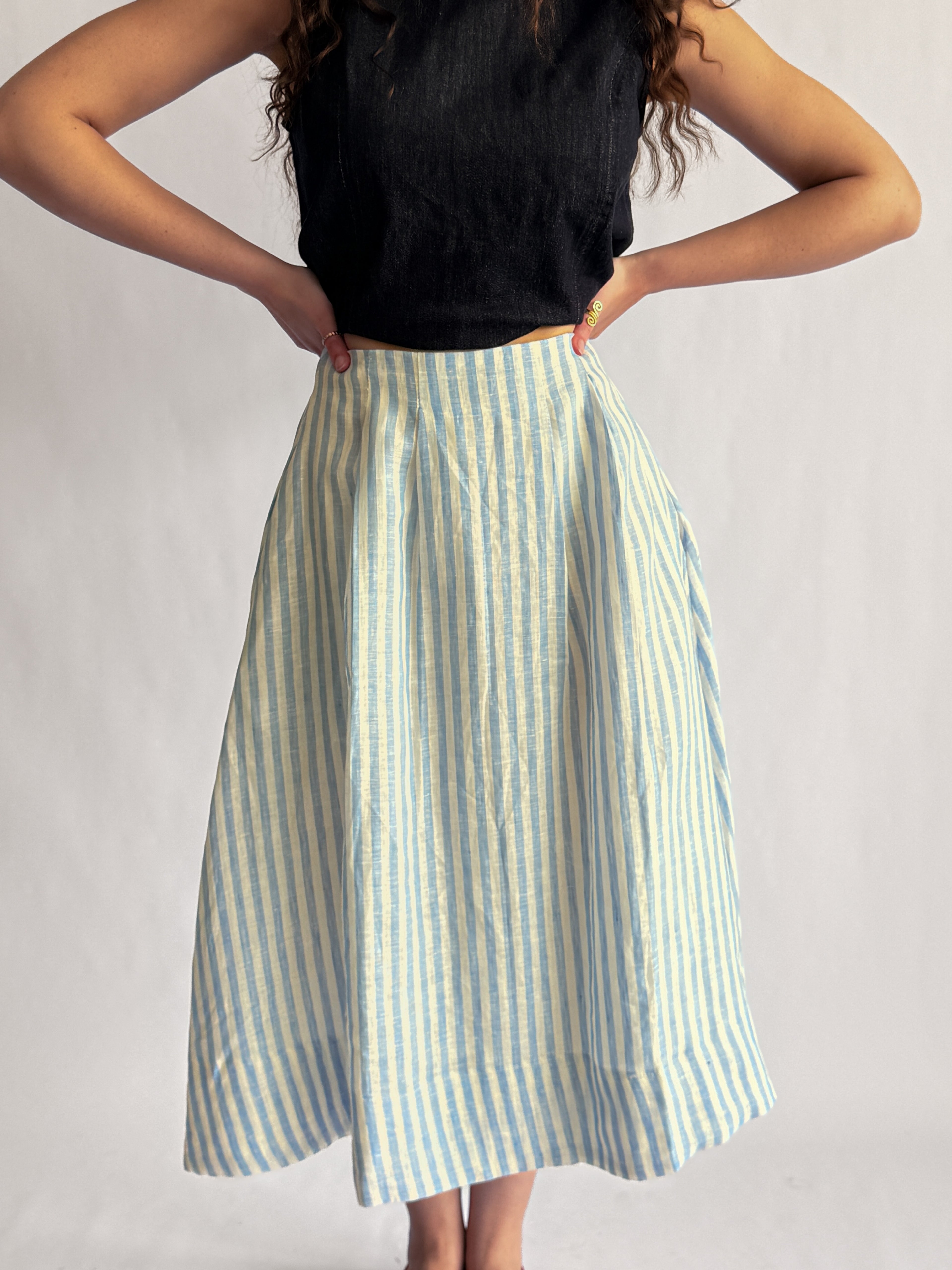 Sofie the Label Fiona Stripe Linen Pleated Midi Skirt (Blue)