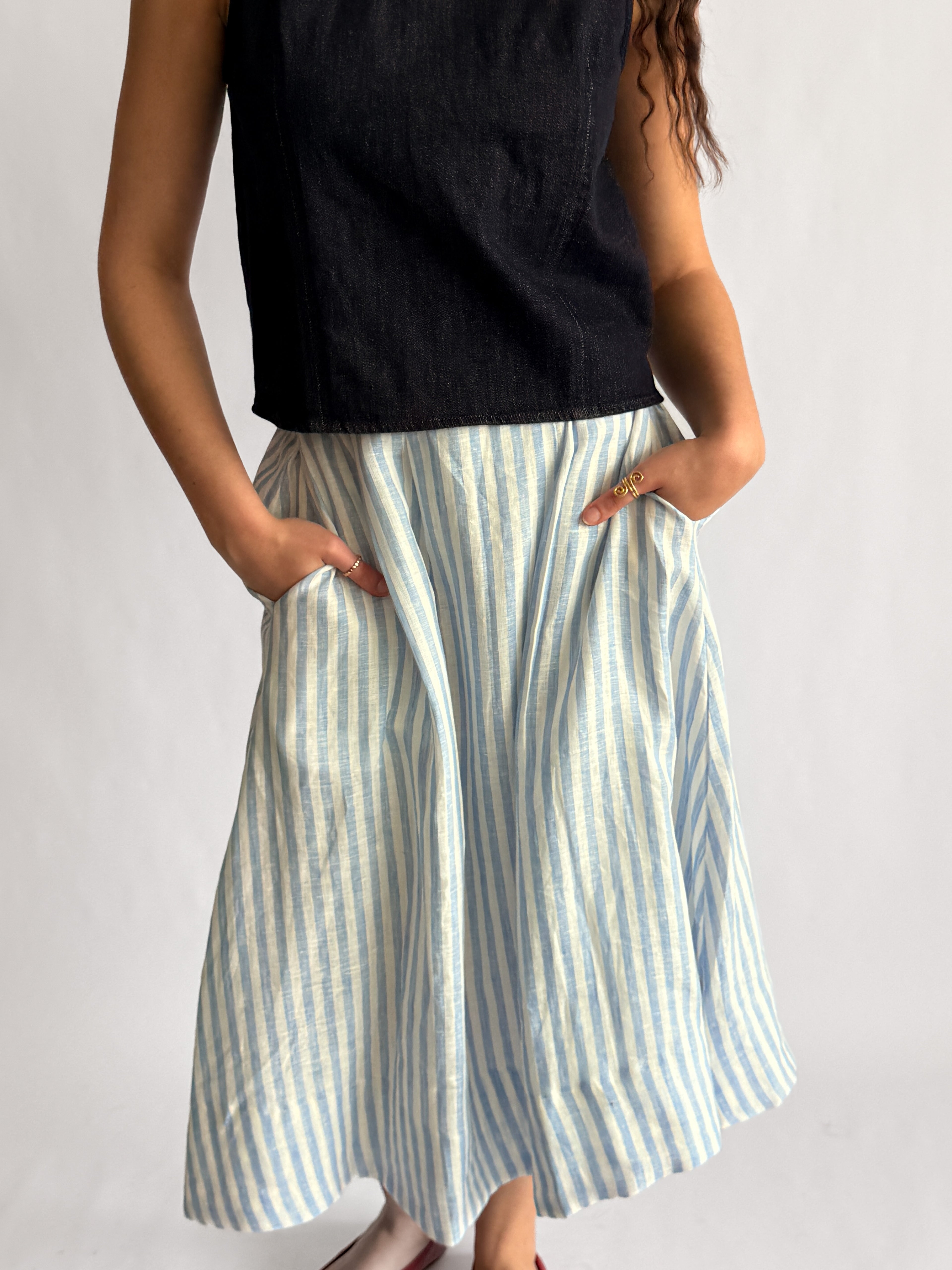 Sofie the Label Fiona Stripe Linen Pleated Midi Skirt (Blue)