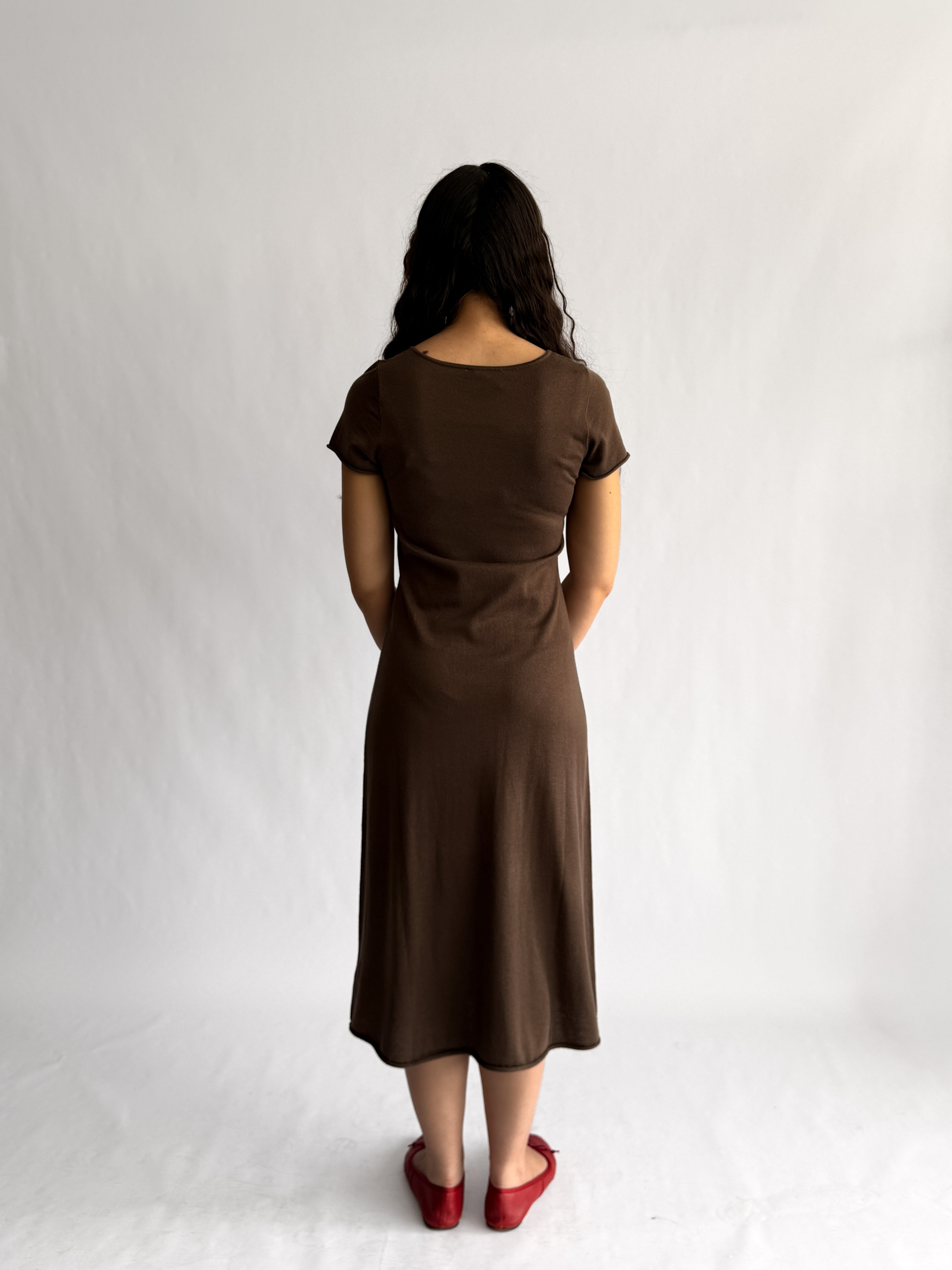 Paris Brown Keyhole Knit Short Sleeve Midi Dress