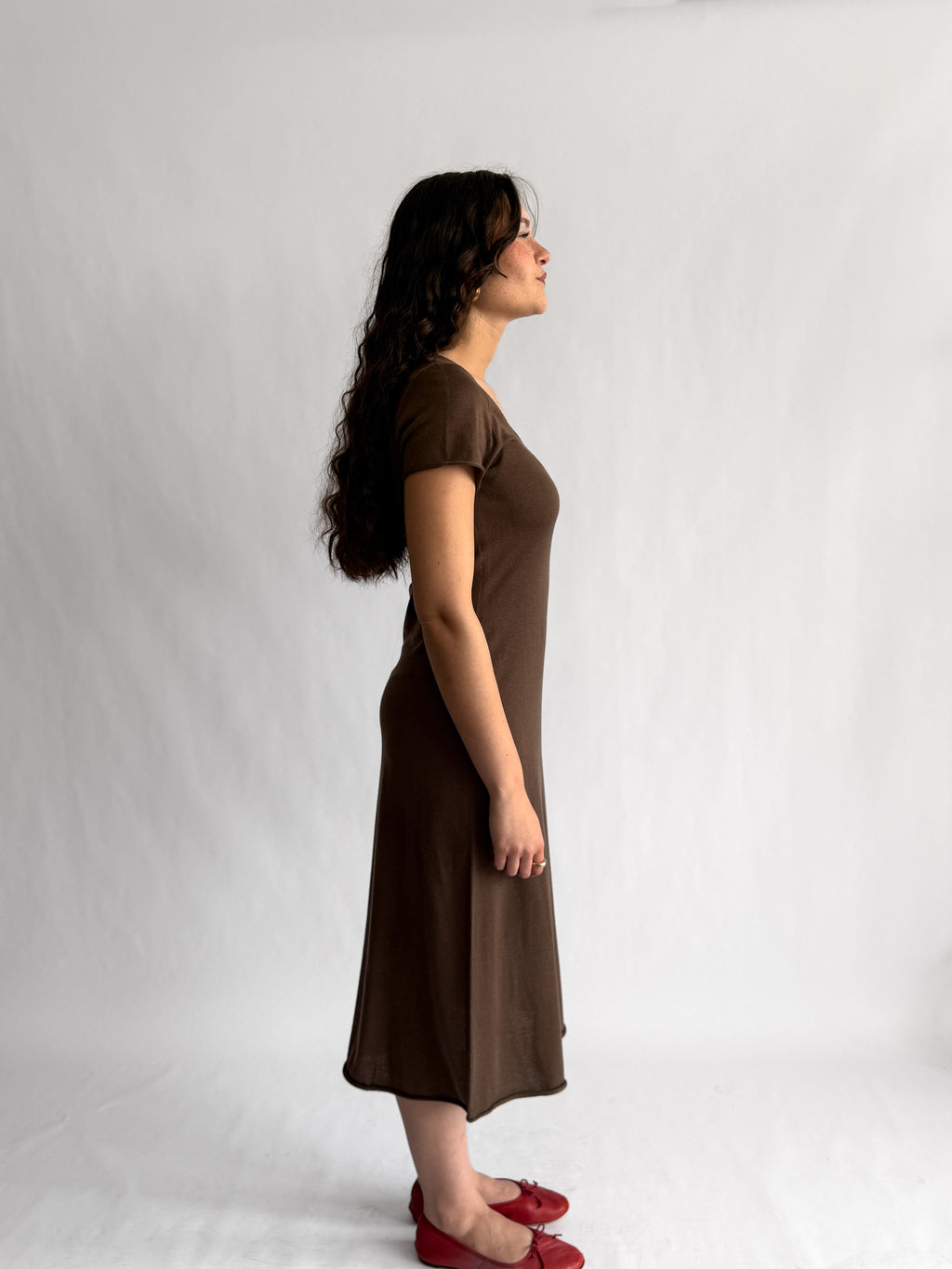 Paris Brown Keyhole Knit Short Sleeve Midi Dress