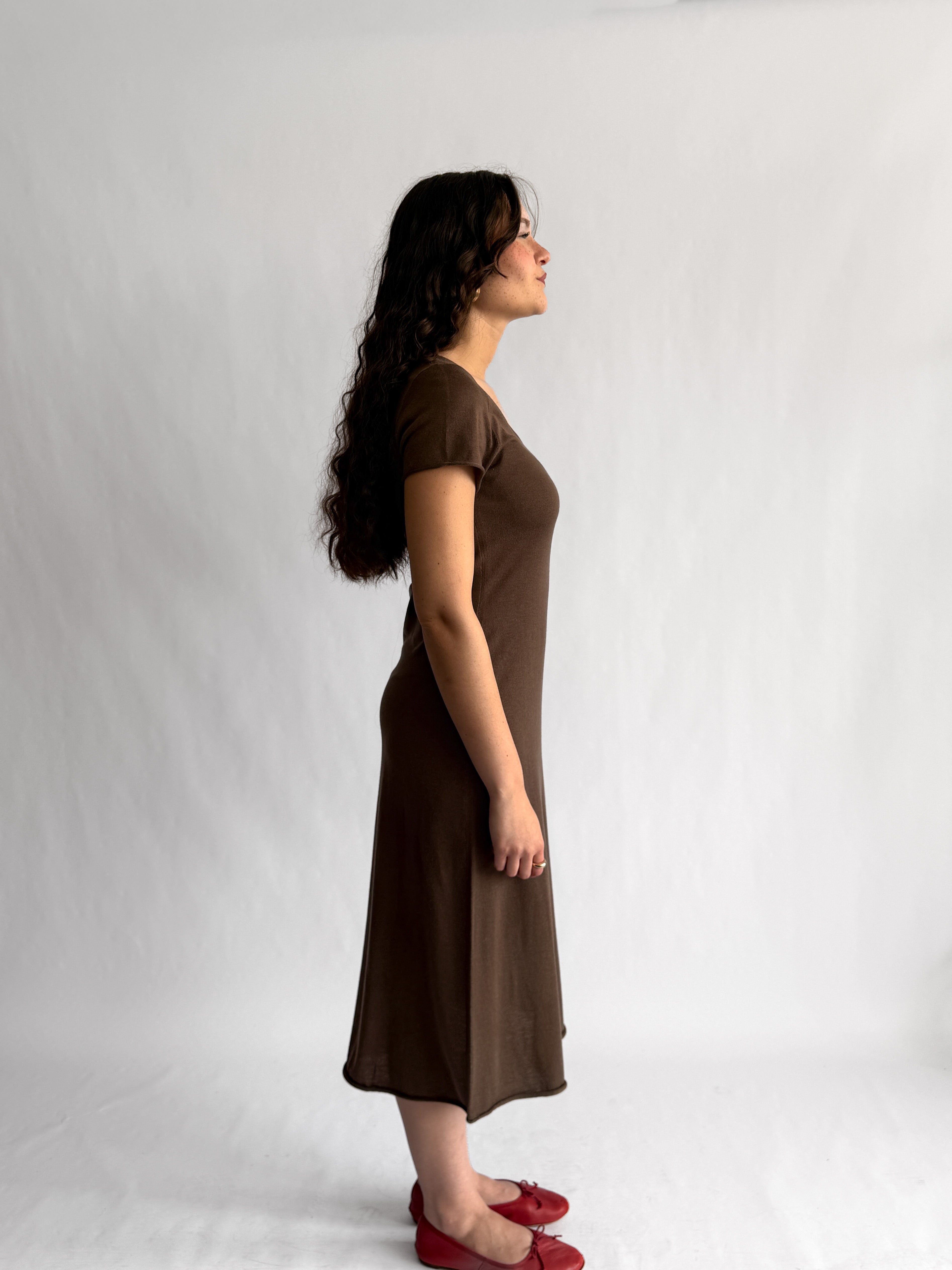 Paris Brown Keyhole Knit Short Sleeve Midi Dress