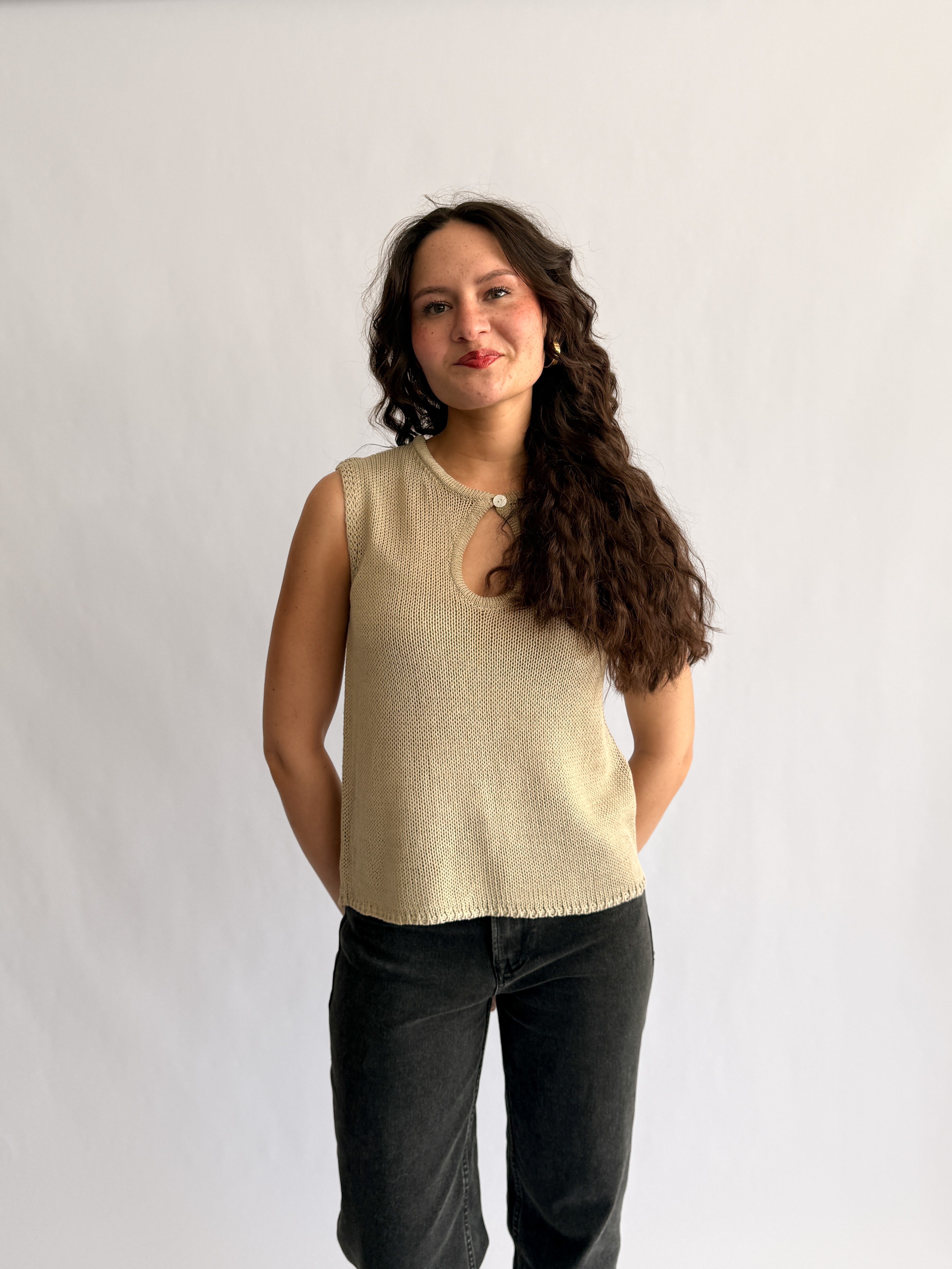Ruth Woven Knit Keyhole Tank Top (Beige)