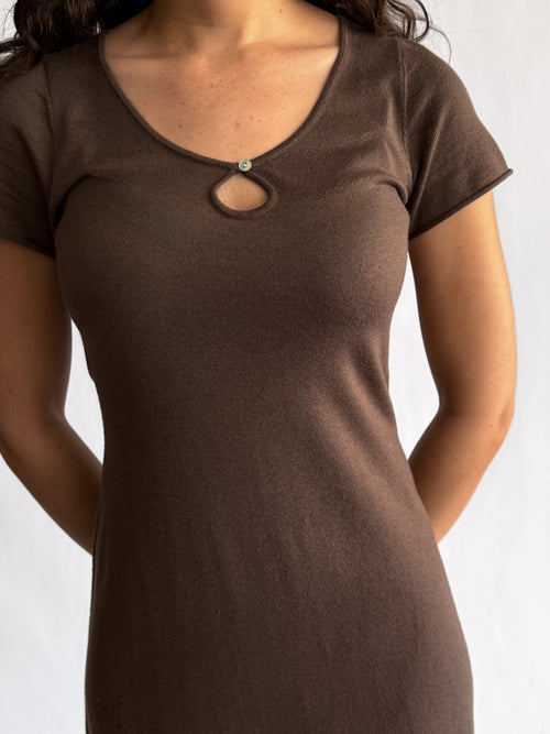 Paris Brown Keyhole Knit Short Sleeve Midi Dress