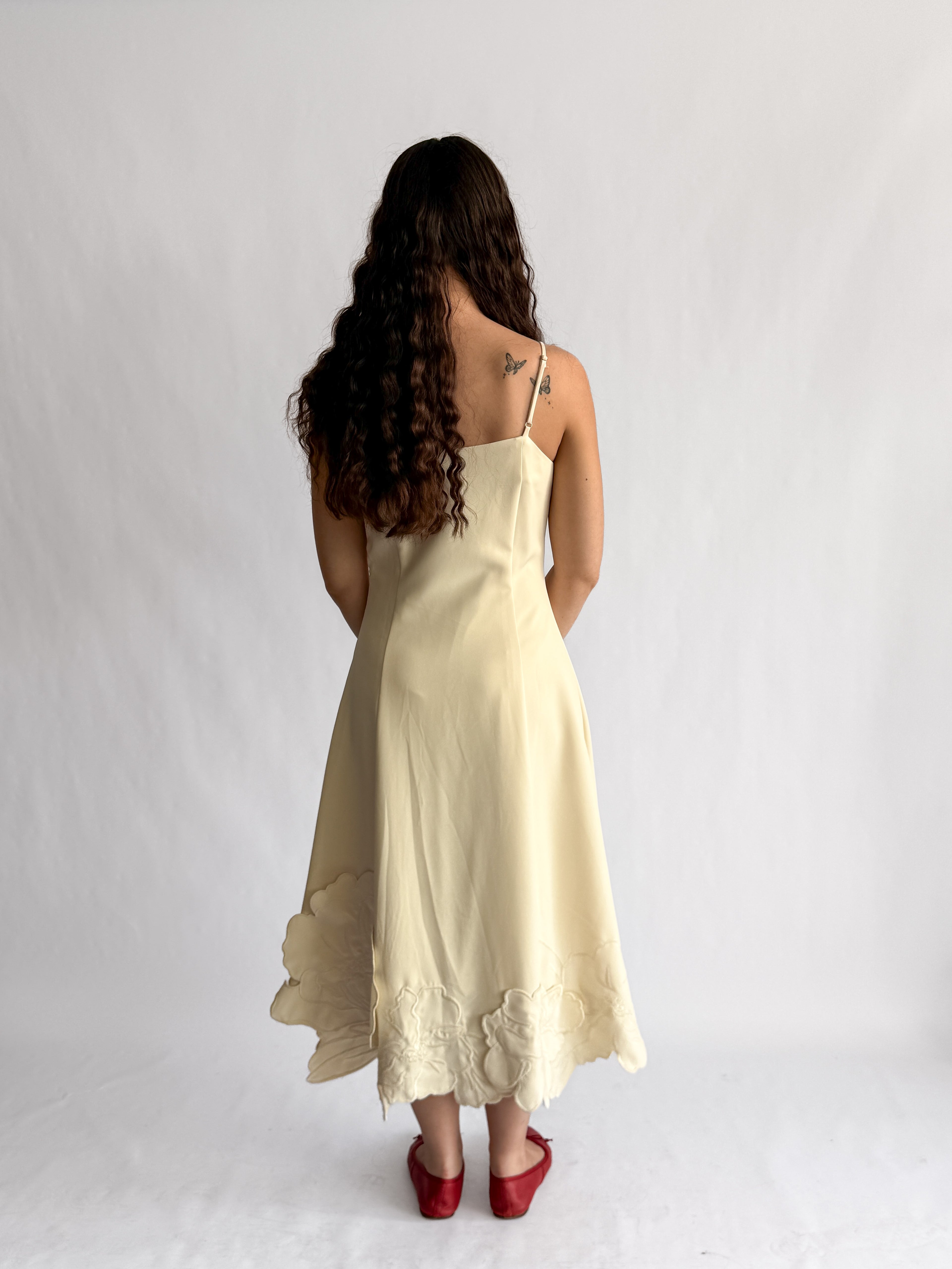 Poppy Cream 3D Floral Hem Sleeveless Midi Dress