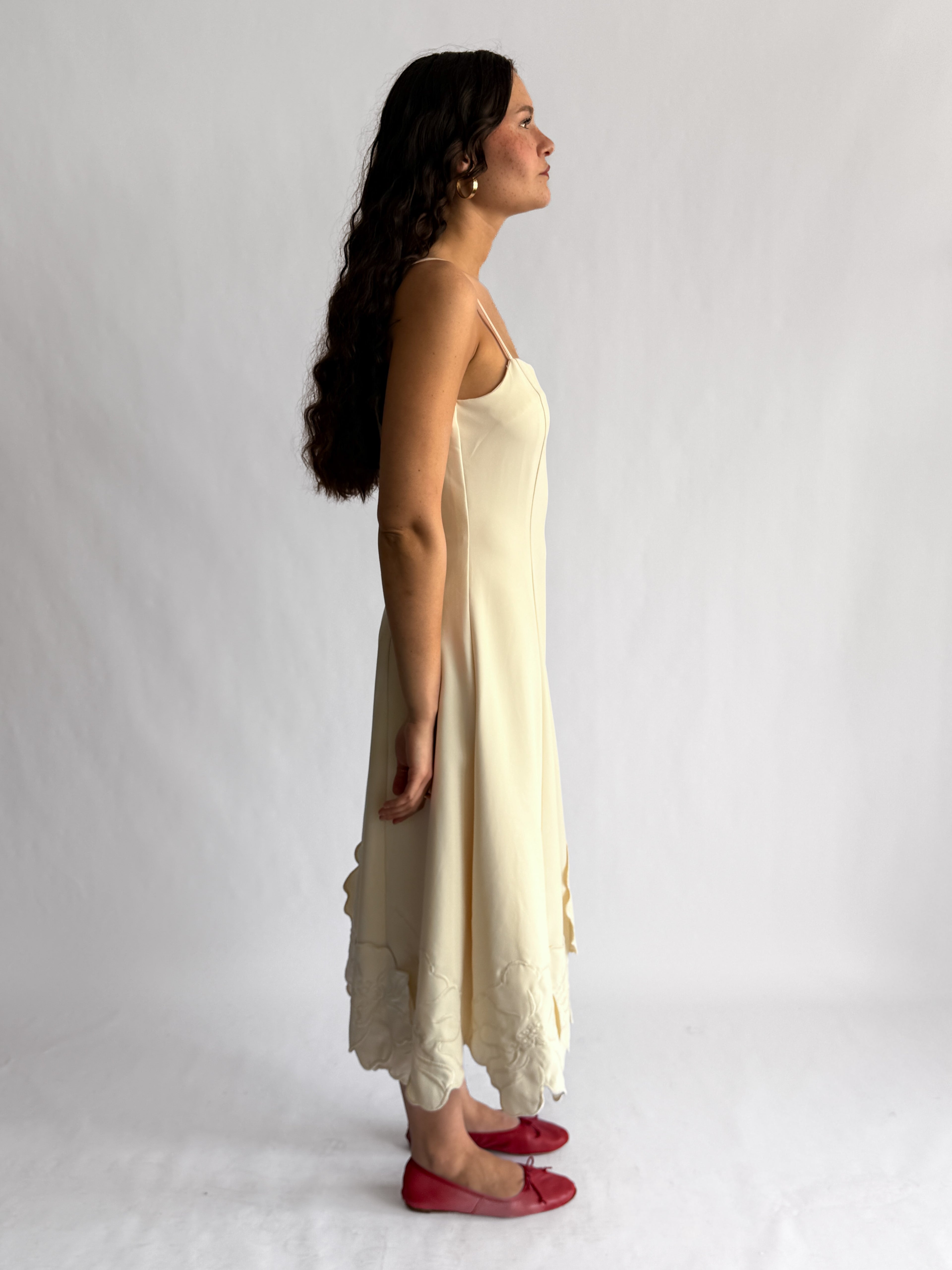 Poppy Cream 3D Floral Hem Sleeveless Midi Dress