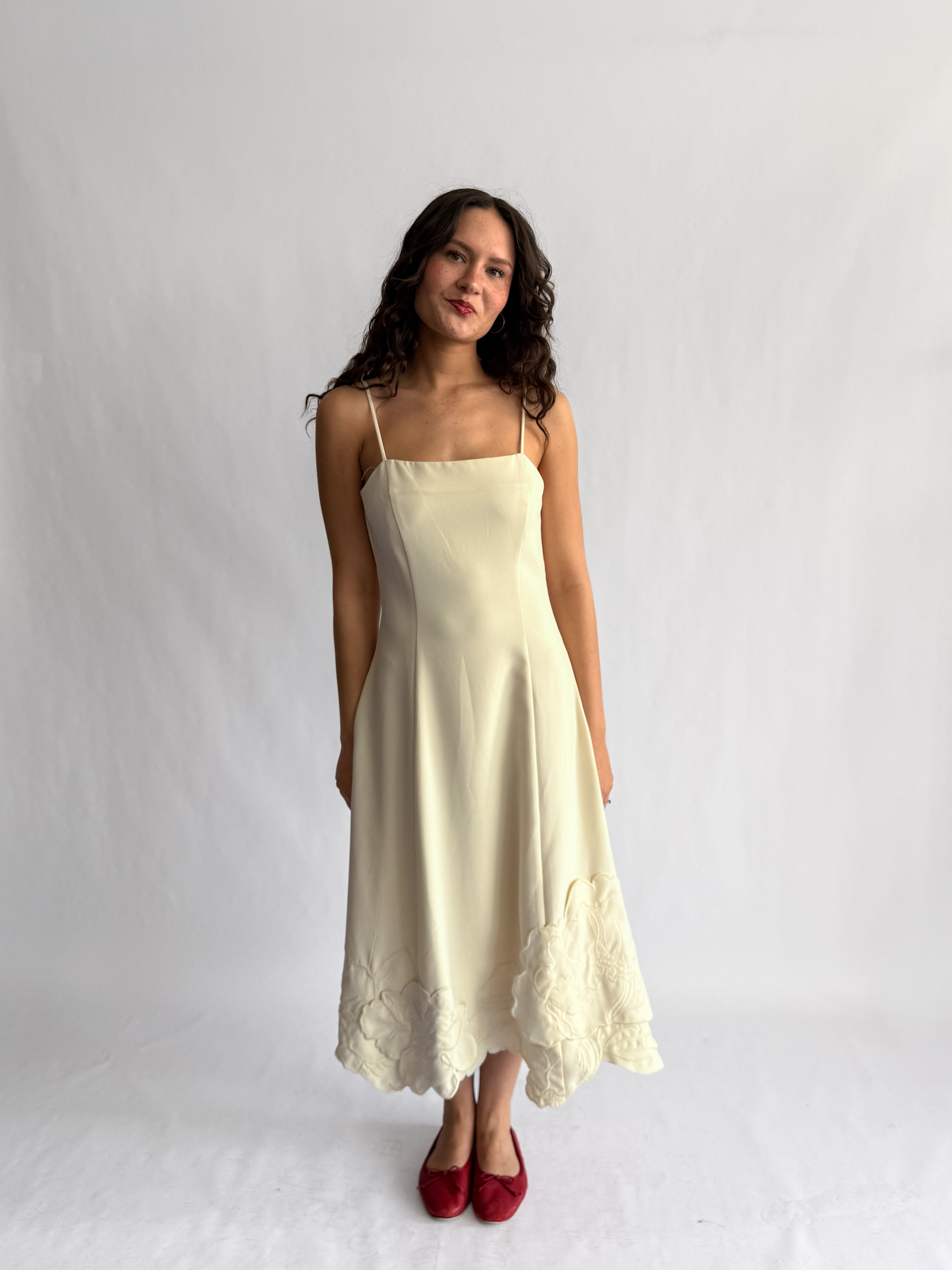 Poppy Cream 3D Floral Hem Sleeveless Midi Dress