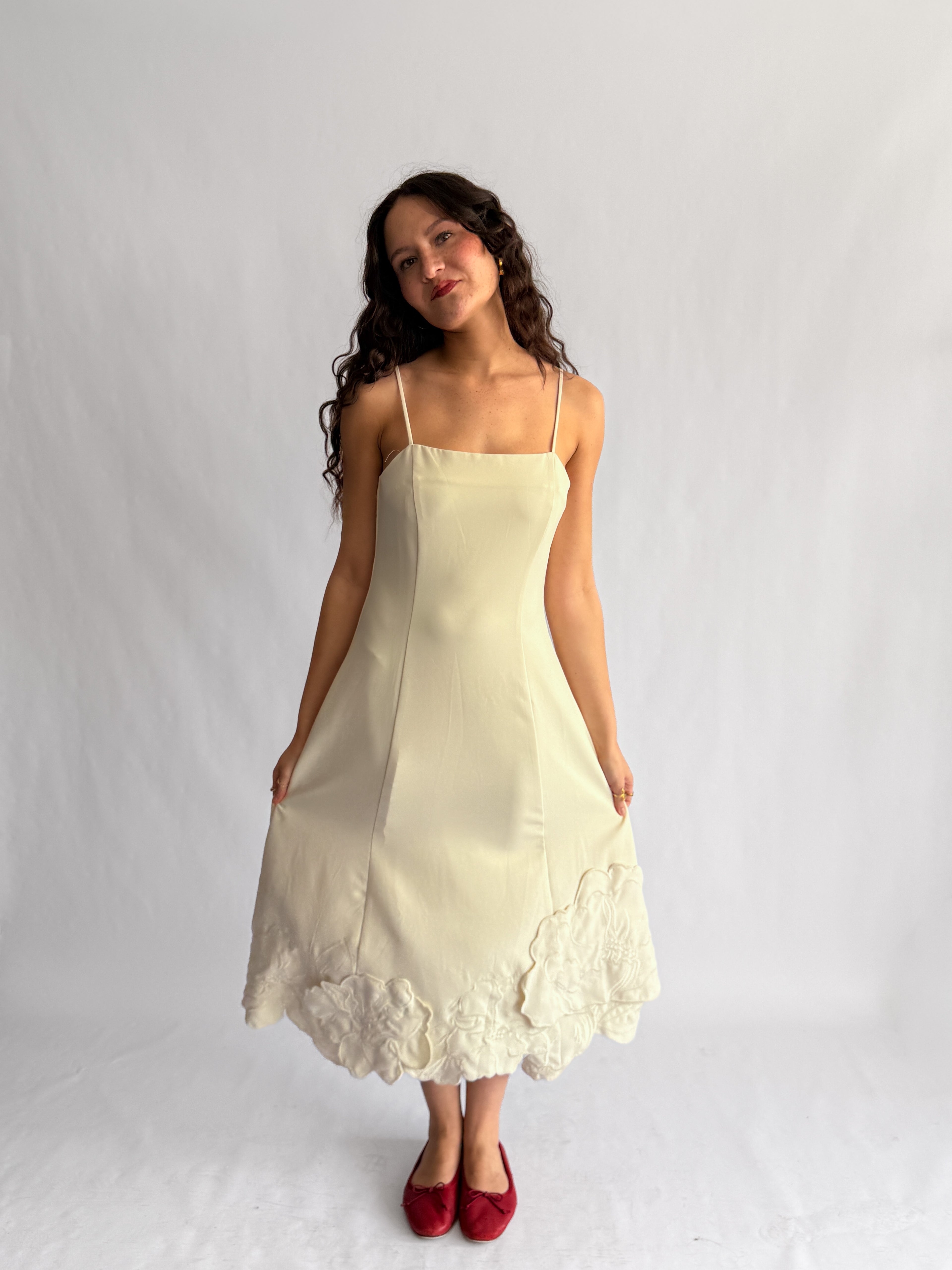 Poppy Cream 3D Floral Hem Sleeveless Midi Dress